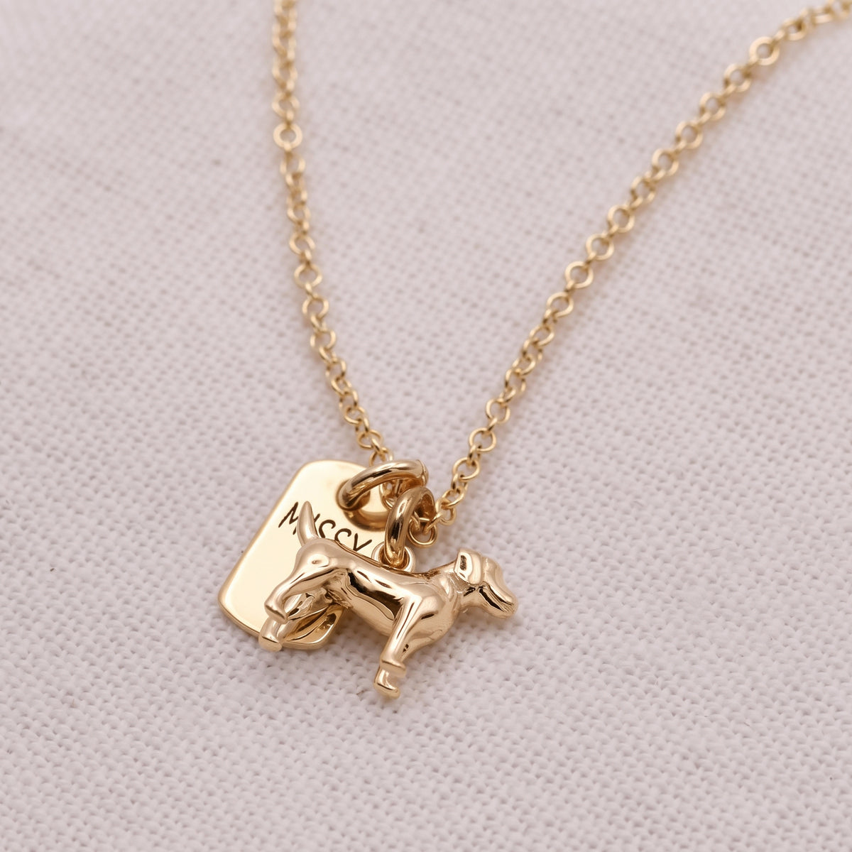 A gold necklace with a small dog charm and a rectangular tag engraved with the name 'Maggie', displayed on a textured beige fabric background.