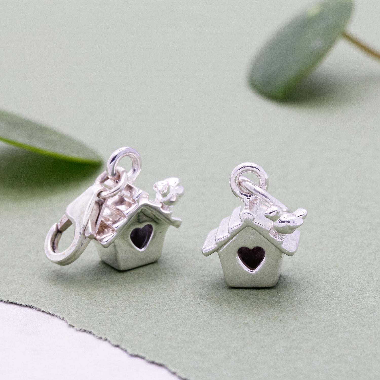 Bird house charm with clip-on clasp attachment option for bracelets