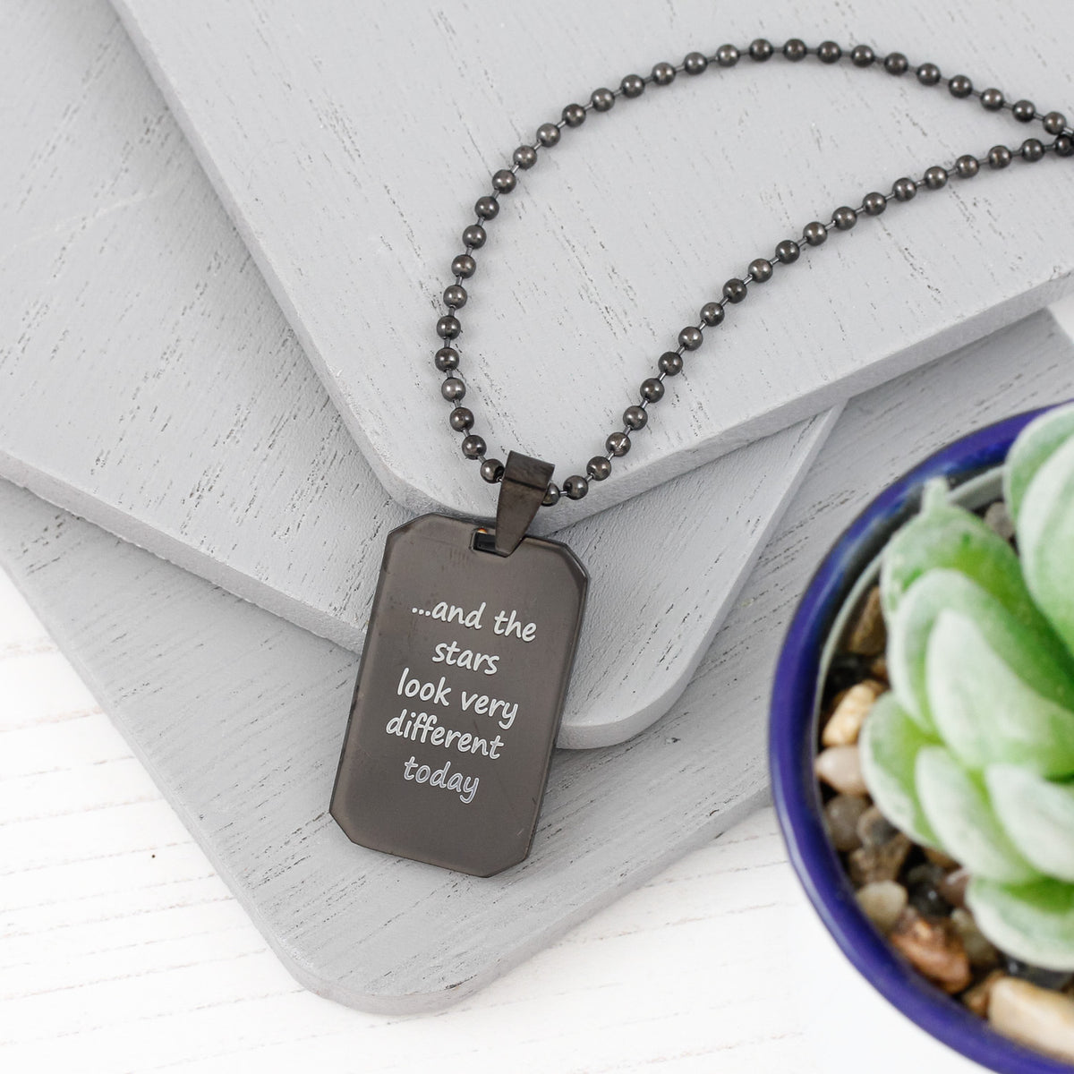 engraved message on dog tag necklace