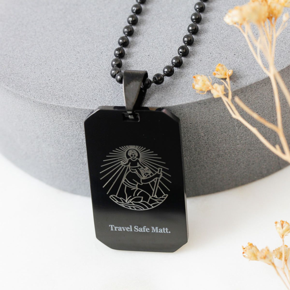 black steel dog tag st christopher