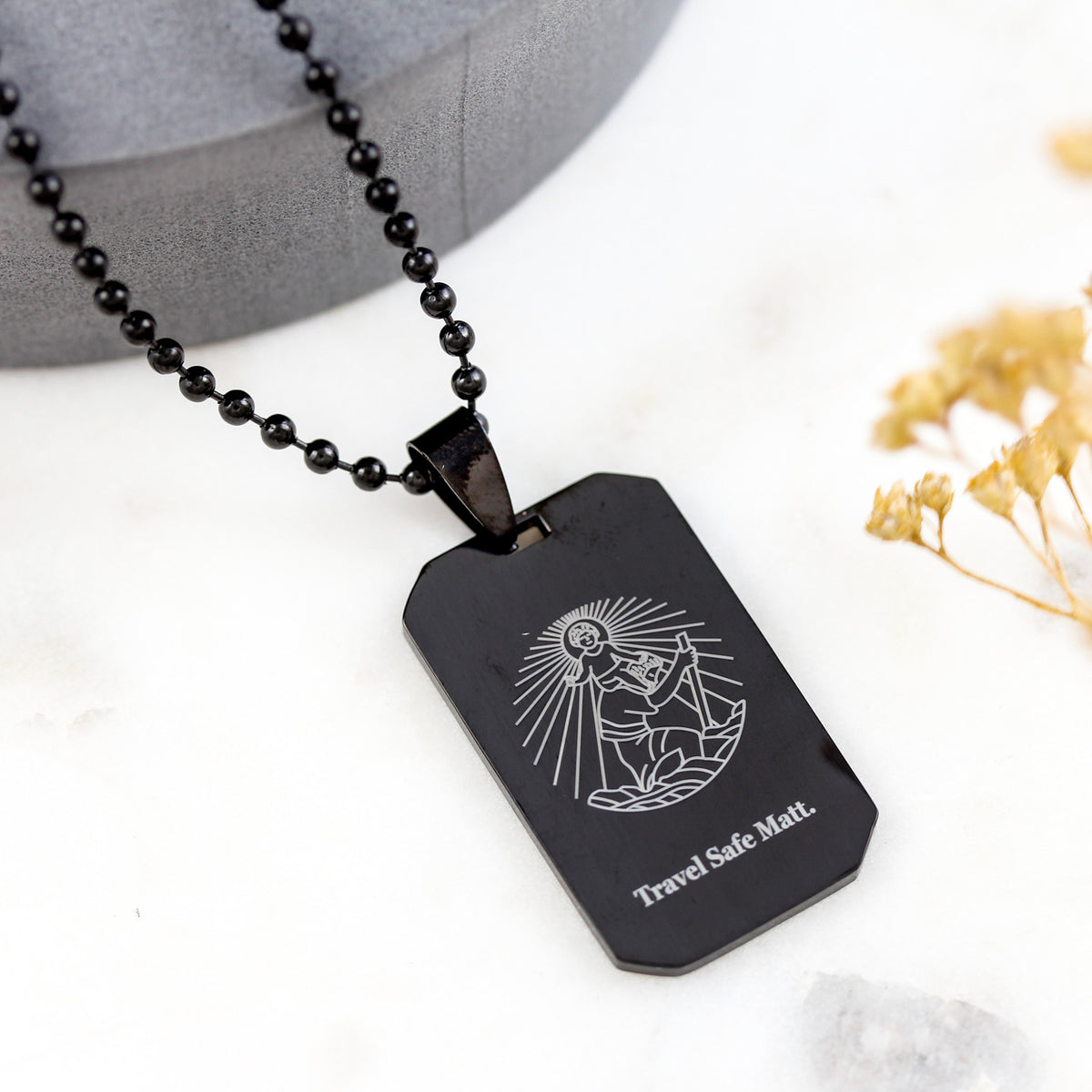 black steel dog tag st christopher