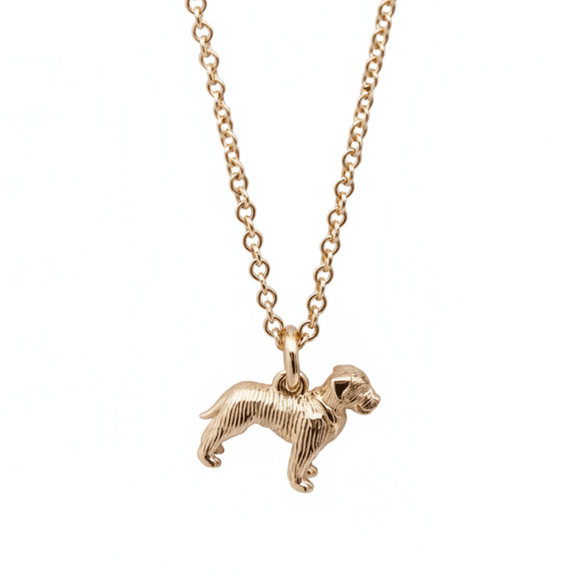 Gold border terrier dog-shaped pendant on a chain against a white background
