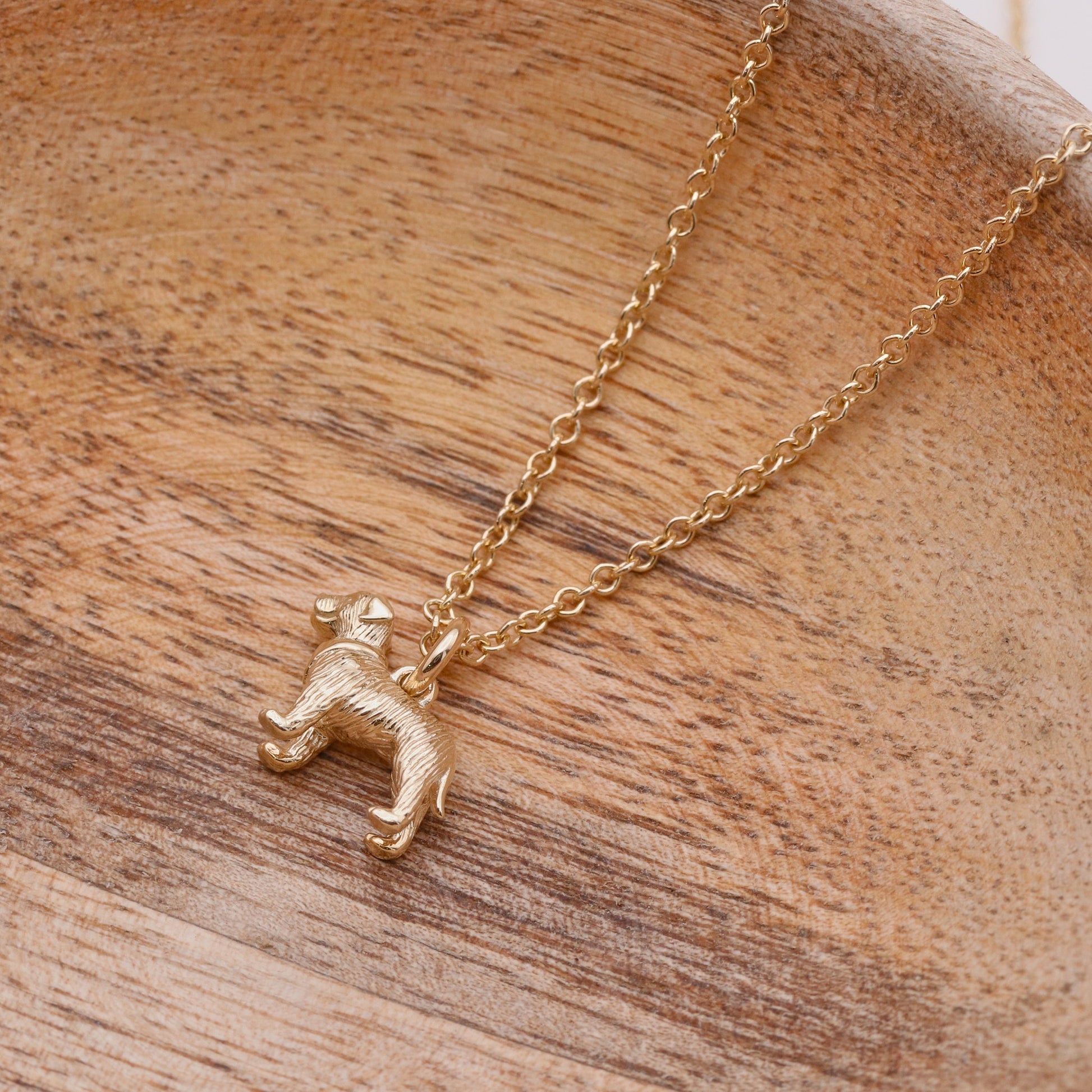 Gold necklace with a dog-shaped pendant on a wooden surface