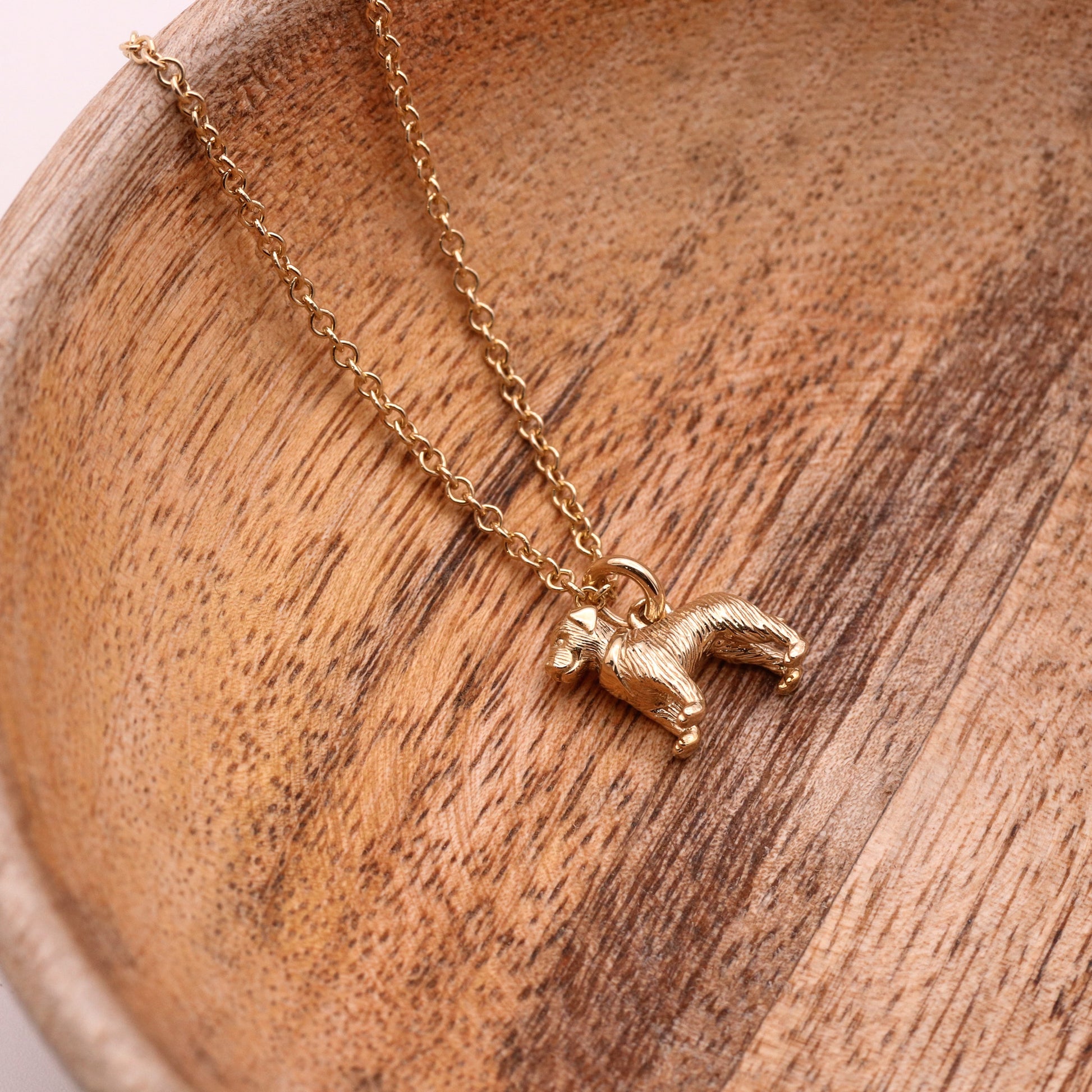 Gold necklace with a dog-shaped pendant on a wooden surface
