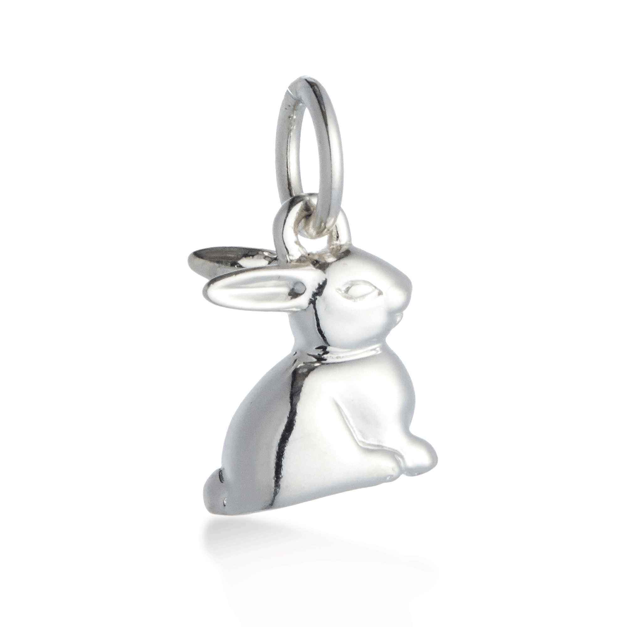 Silver rabbit-shaped pendant on a white background