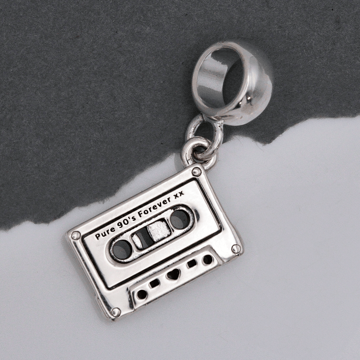 silver personalised vintage cassette tape charm on charm carrier