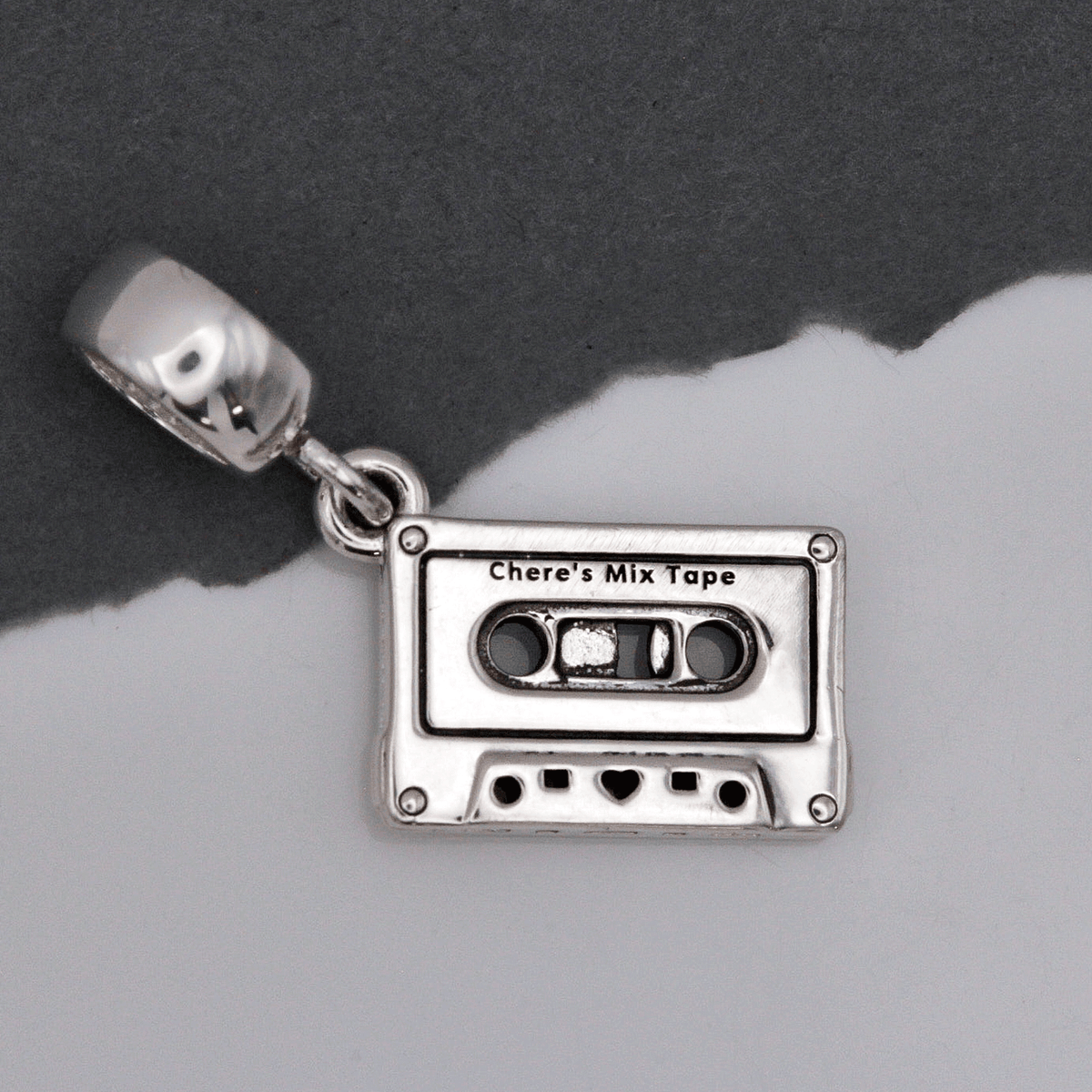 silver personalised vintage cassette tape charm on charm carrier