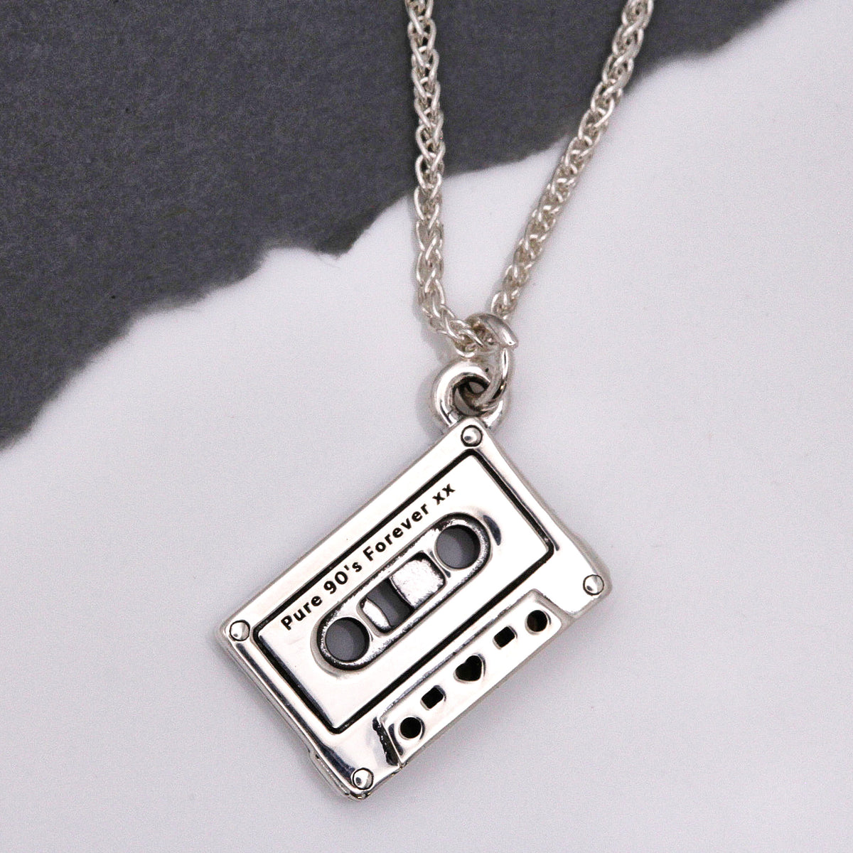silver personalised vintage cassette tape charm on necklace chain