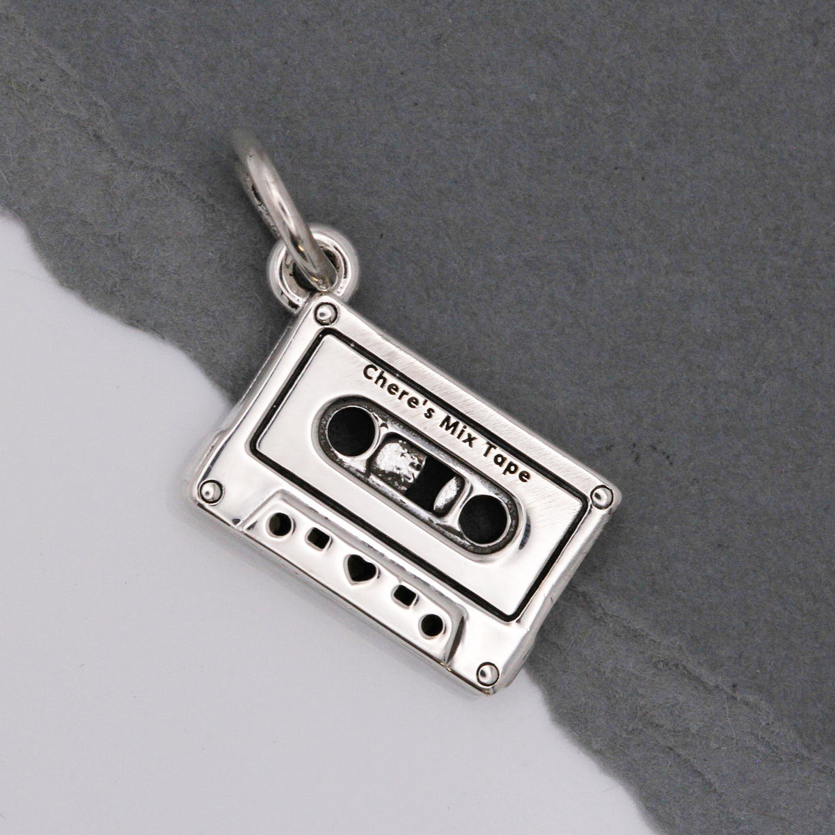 silver personalised vintage cassette tape charm on soldered jump ring