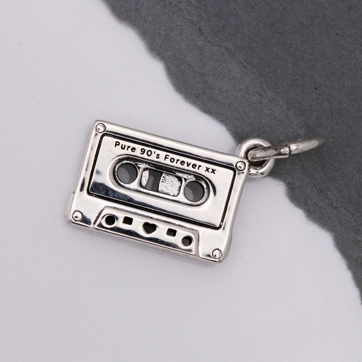 silver personalised vintage cassette tape charm on open jump ring