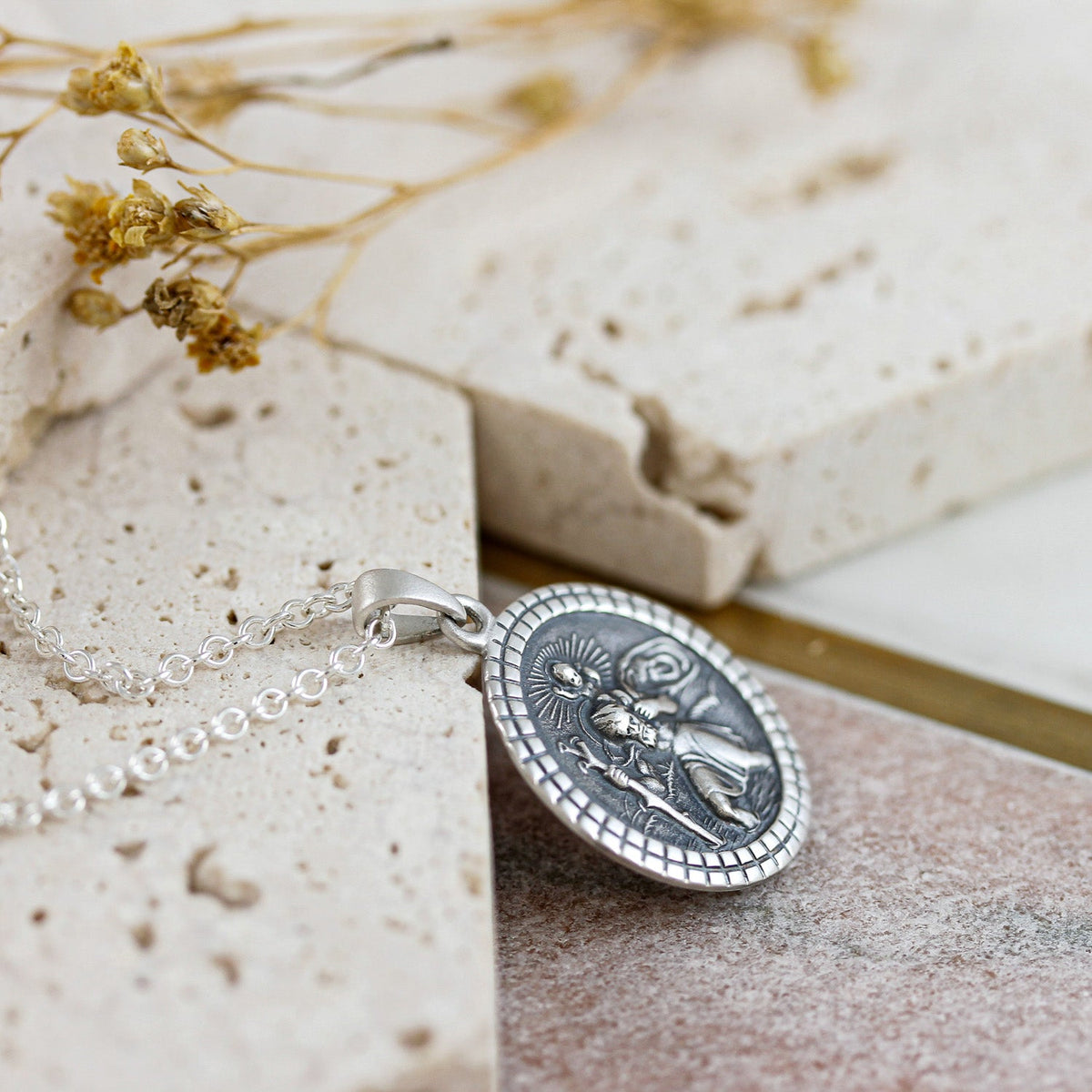 silver cast mosaic border Saint Christopher necklace