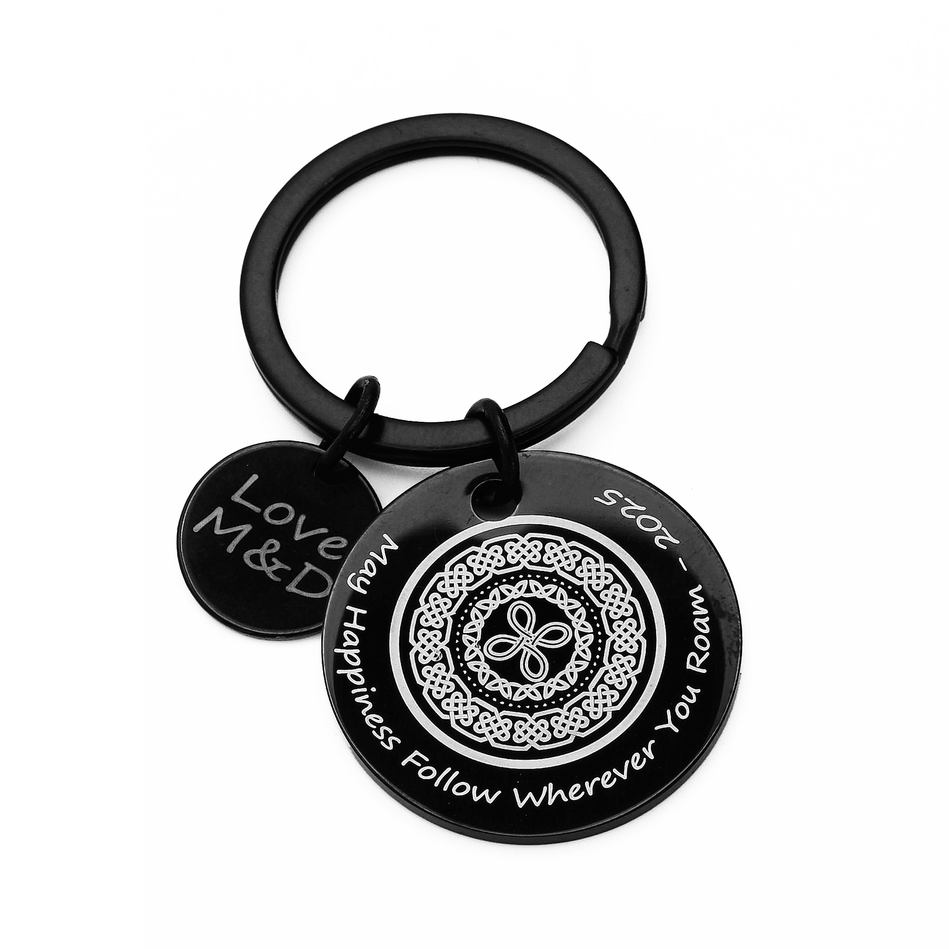 celtic happiness knot black steel personalised keyring
