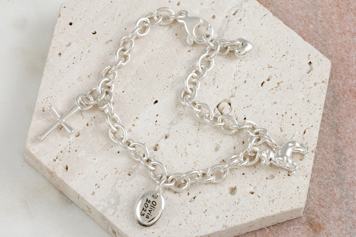 silver charm bracelet with name and date of birth alternative christening bracelet