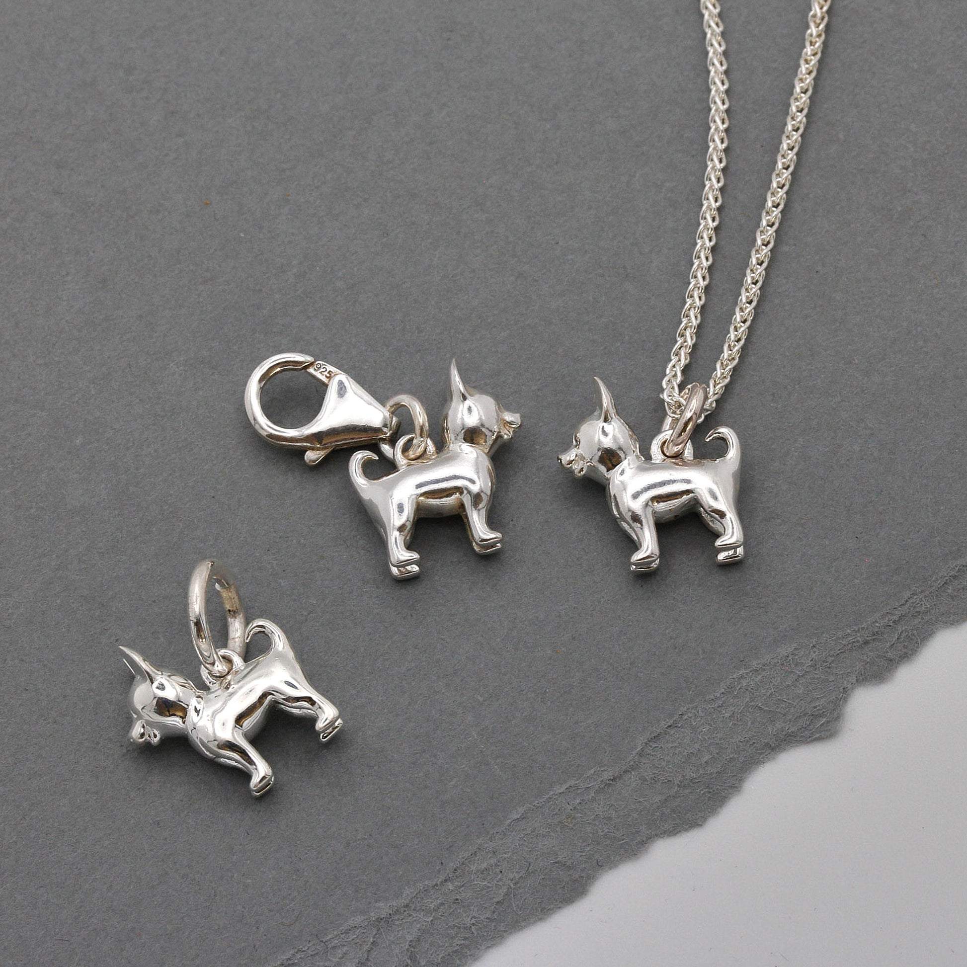 chihuahua dog silver charms with jump ring clip clasp and necklace chain