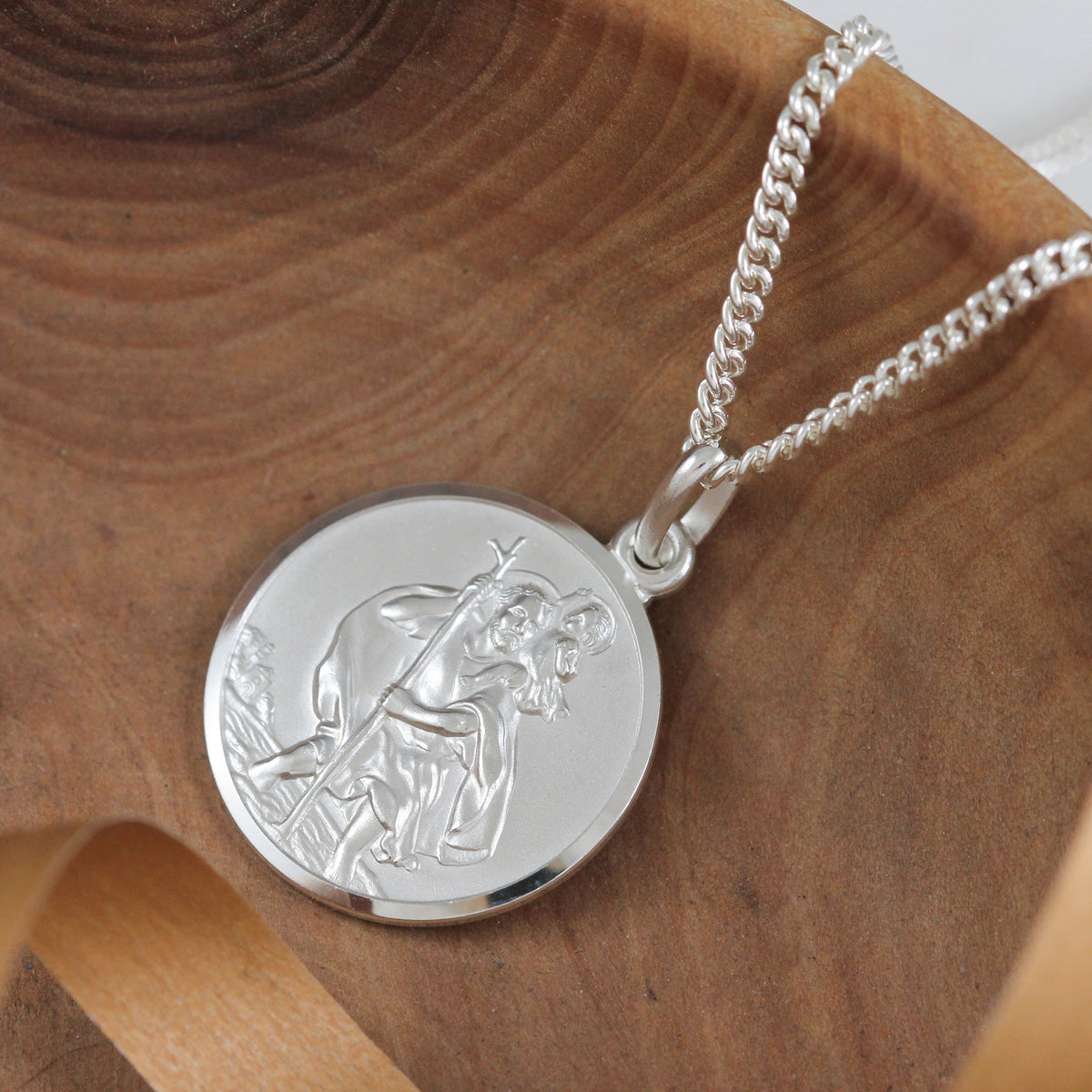 large 24mm wide silver saint christopher necklace on 2.3mm curb chain