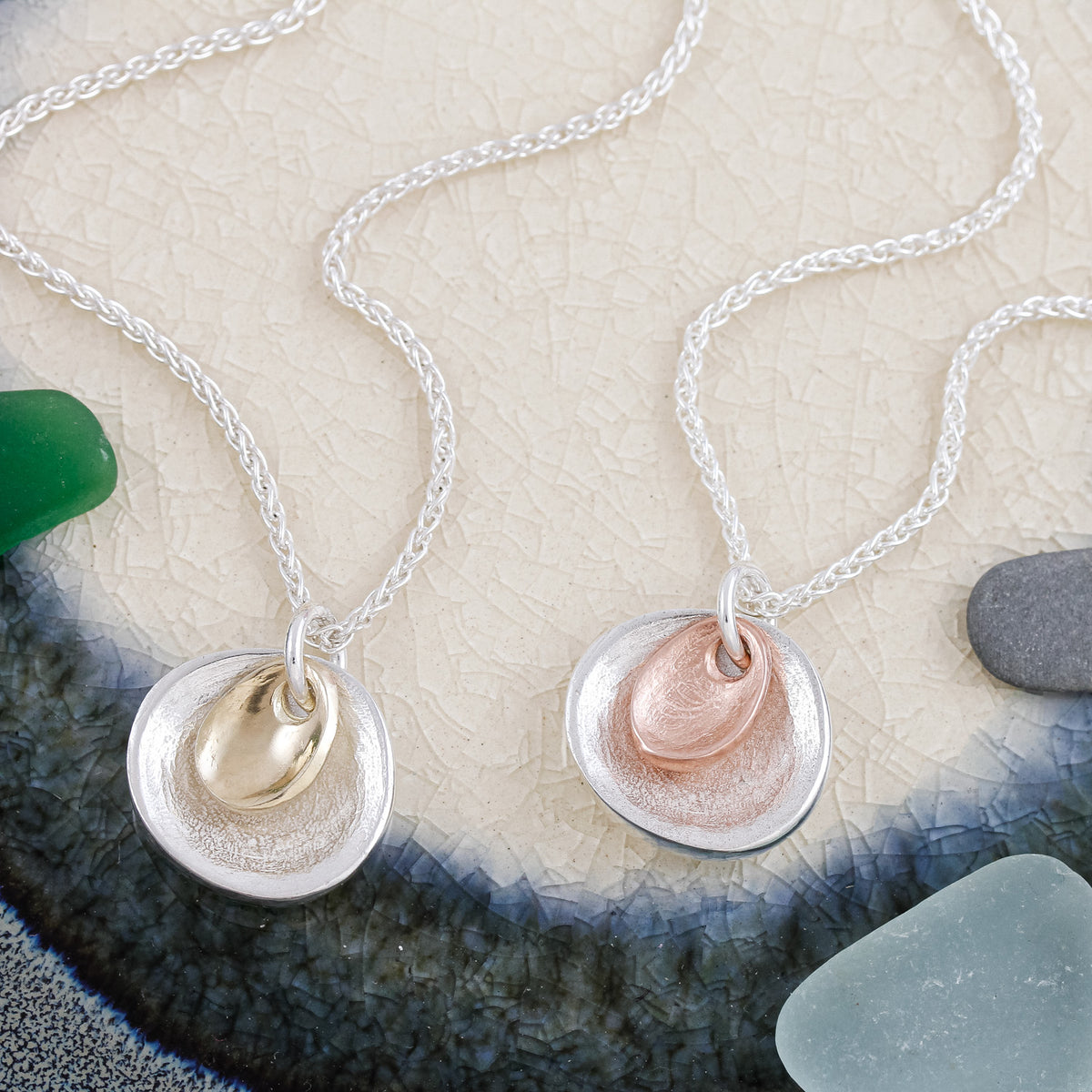 sea glass textured silver &amp; recycled gold necklace