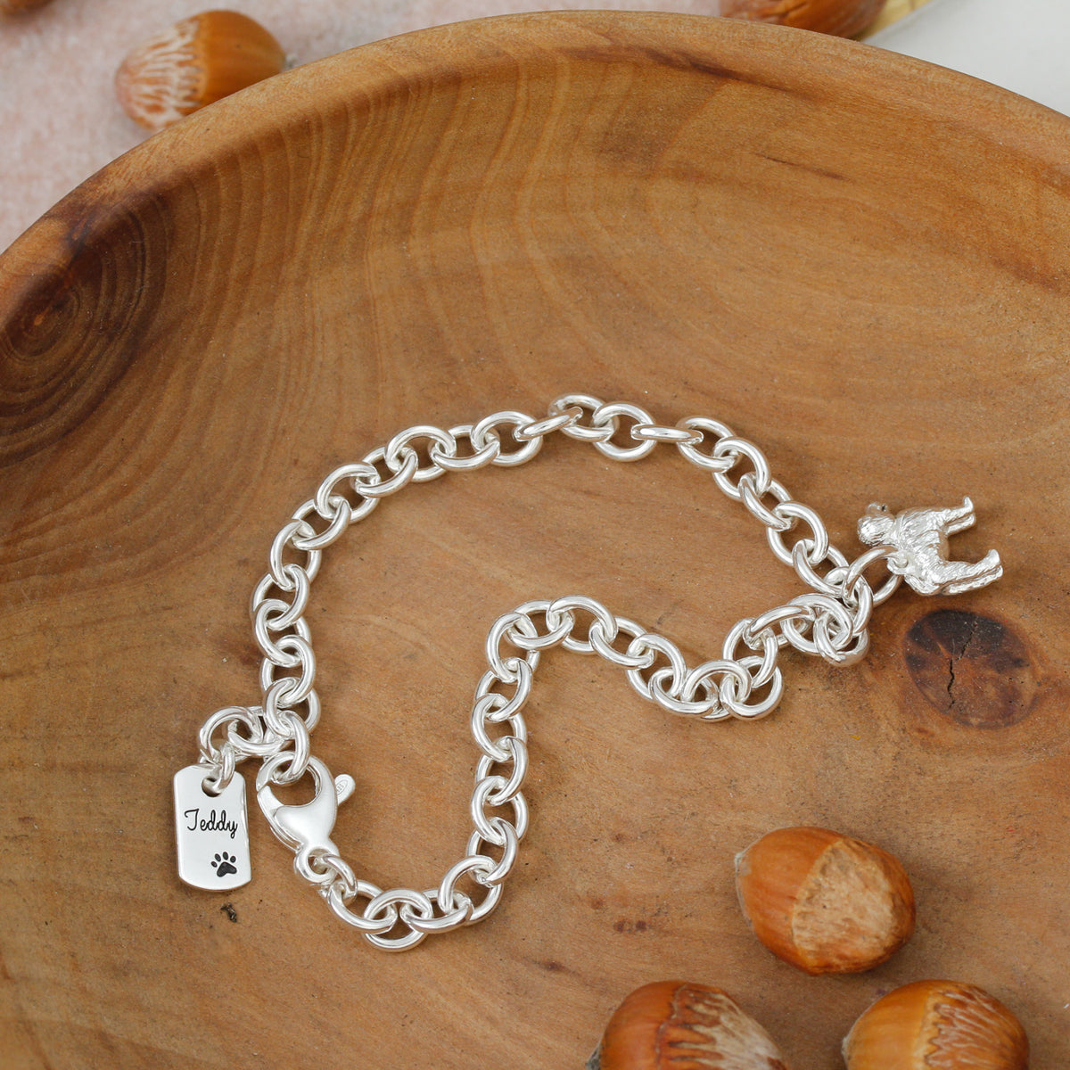 silver cockapoo charm bracelet with personalised name dog tag