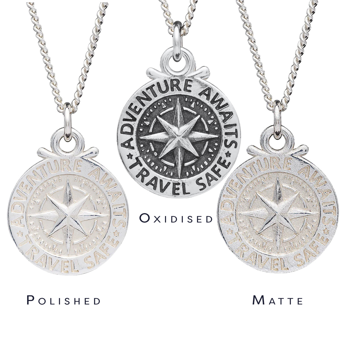 different finishes of compass necklace
