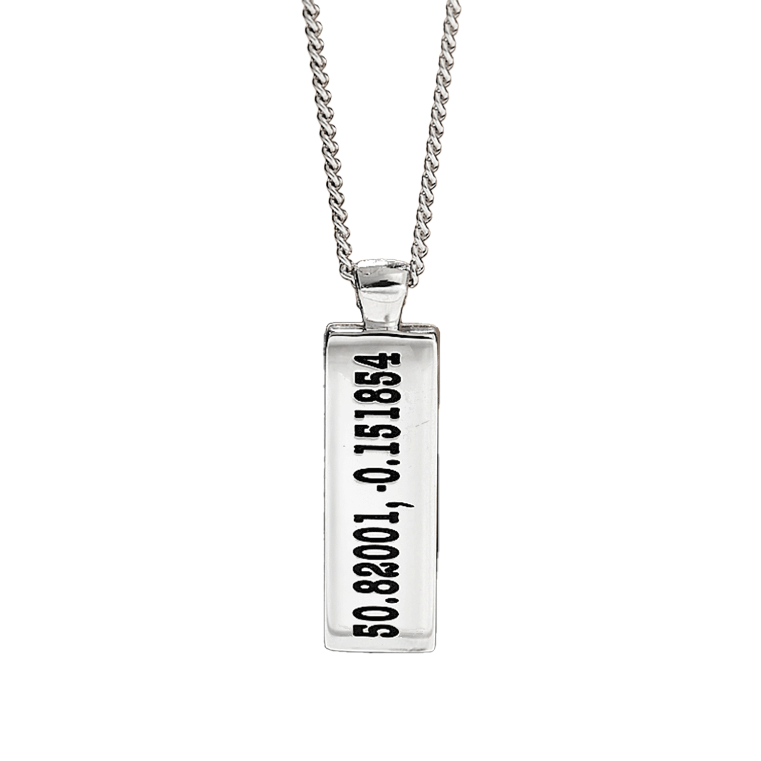 Silver necklace with coordinates engraved a rectangular pendant on a white background