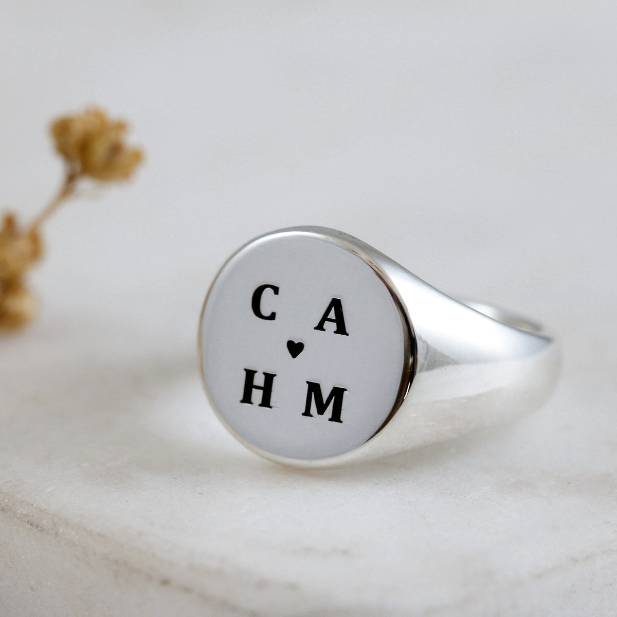 large custom design mens silver signet ring with initials