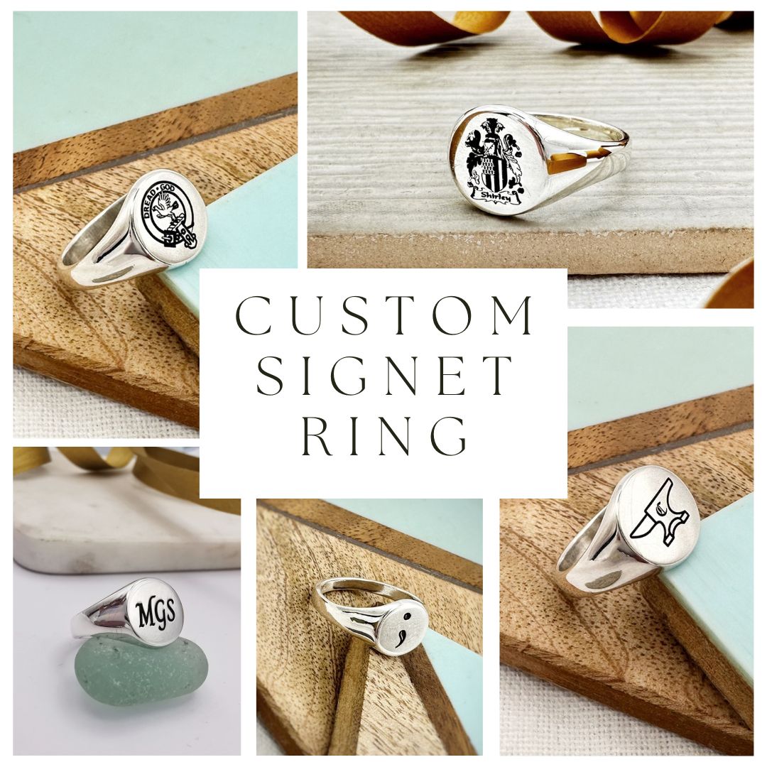 custom round sterling silver signet ring engraved logo initials handwriting monogram family crest