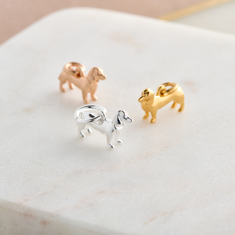 dachshund silver bracelet charms in gold and rose gold plate scarlett jewellery UK
