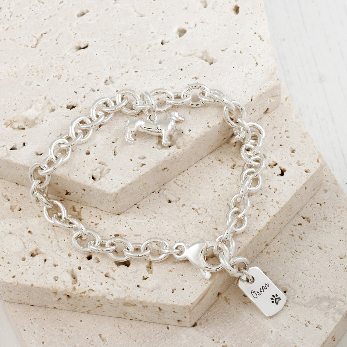 sausage dog silver charm bracelet with engraved name tag