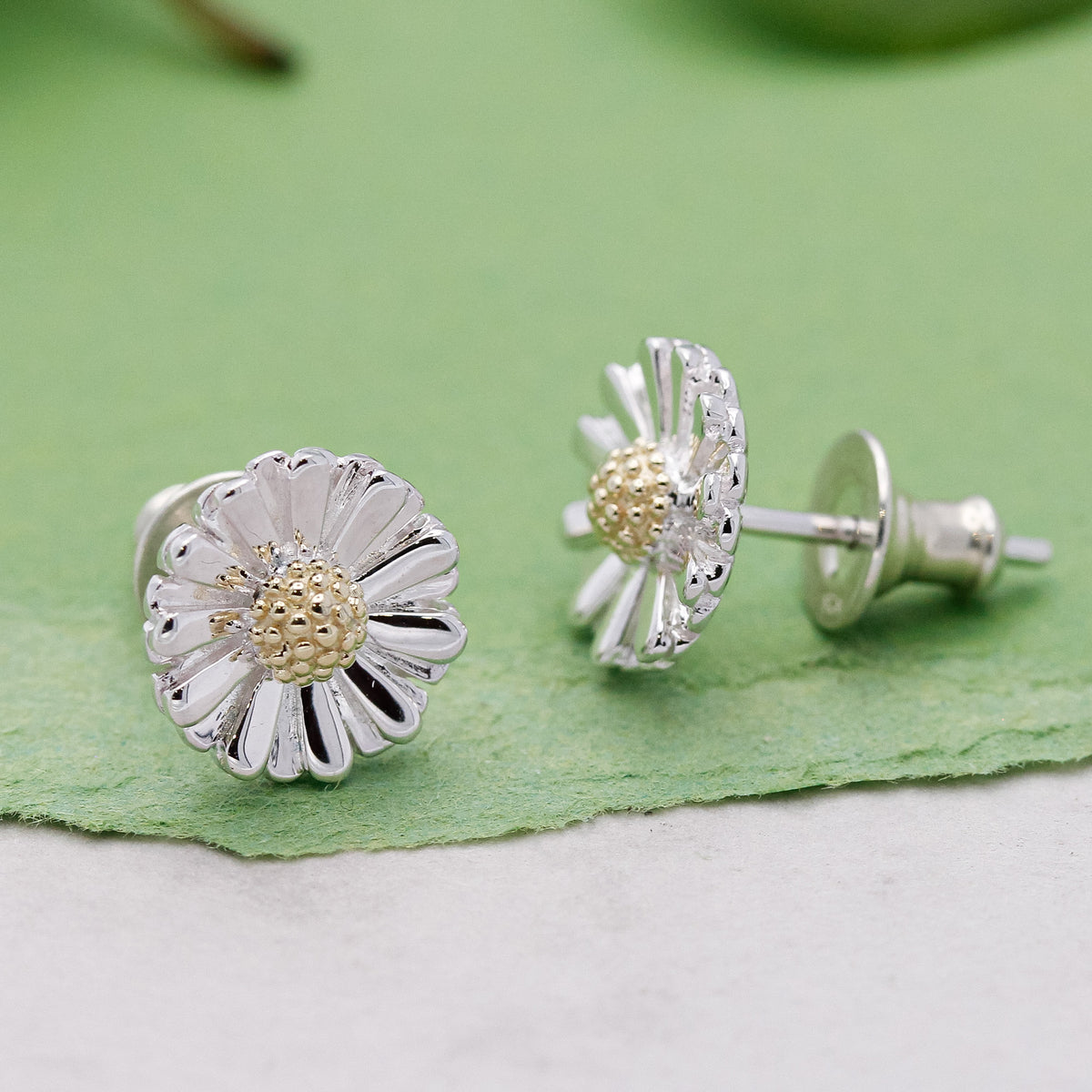 solid silver &amp; gold daisy flower stud earrings as seen at Chelsea Flower Show