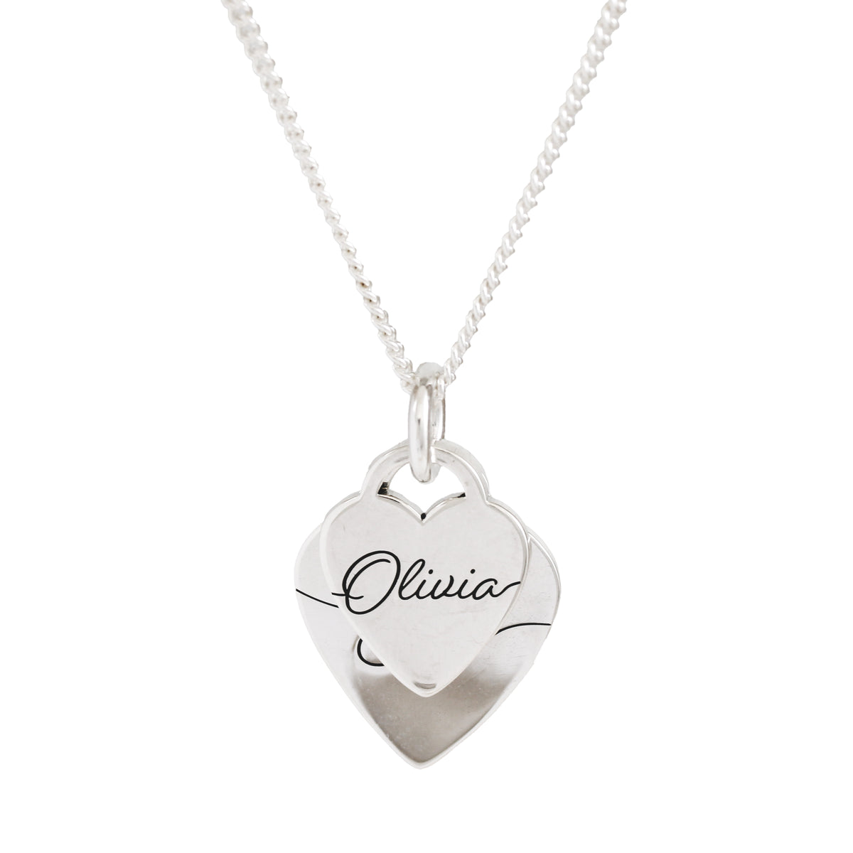 duo XL heart tag silver necklace with script personalised names engraved