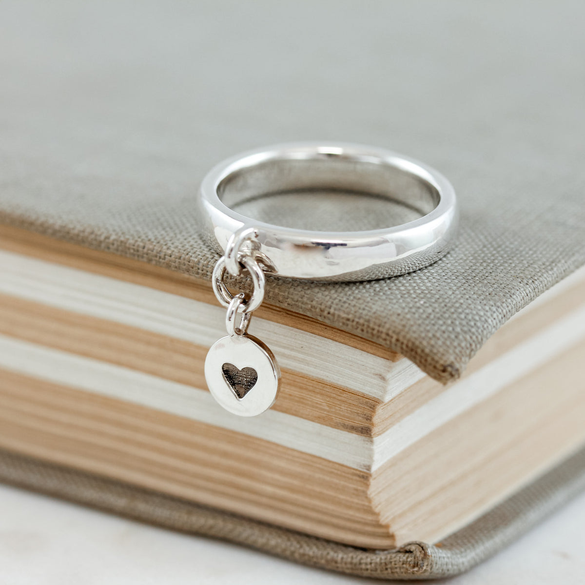 silver charm ring with personalised heart