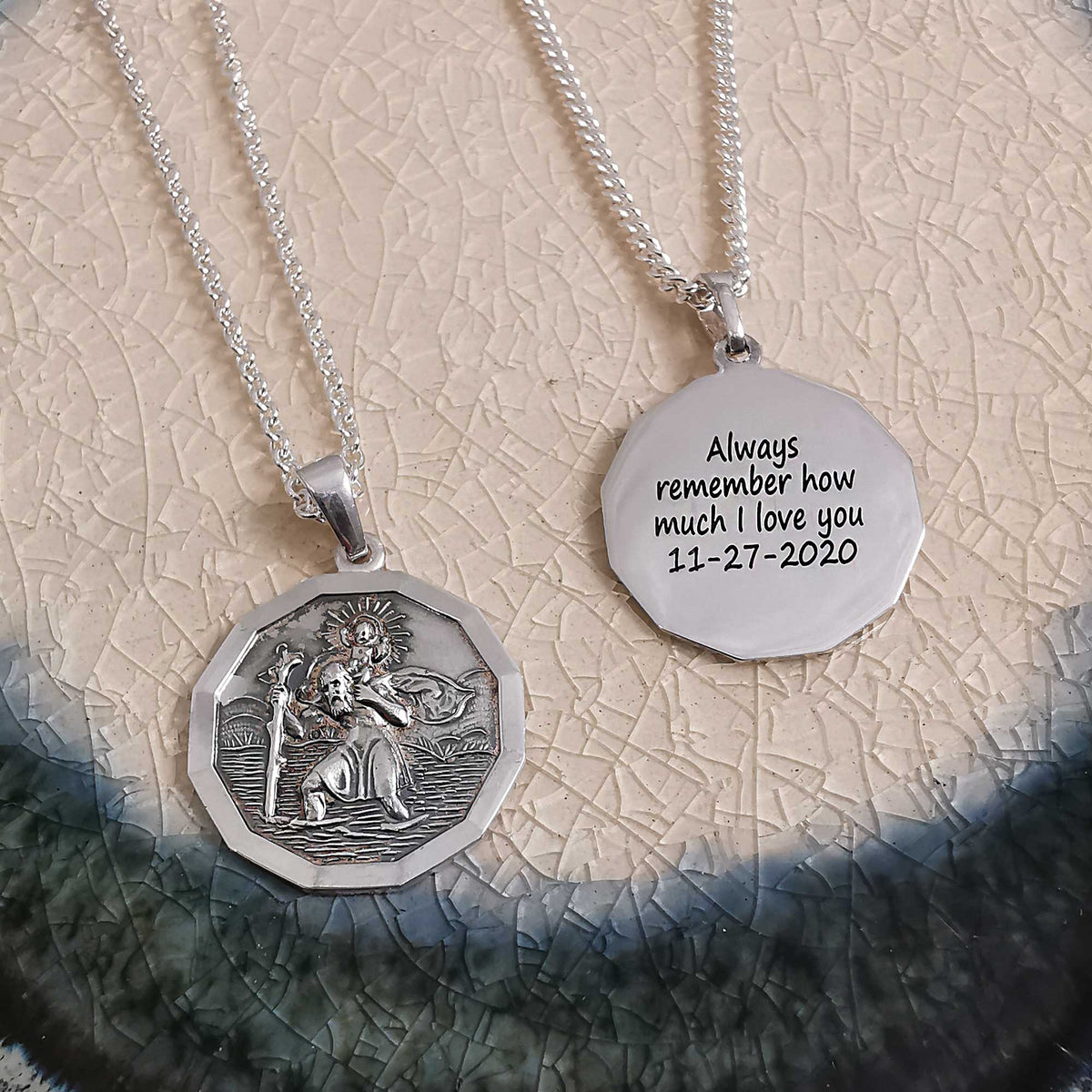 engraved back of oxidised 12 sided saint Christopher necklaces