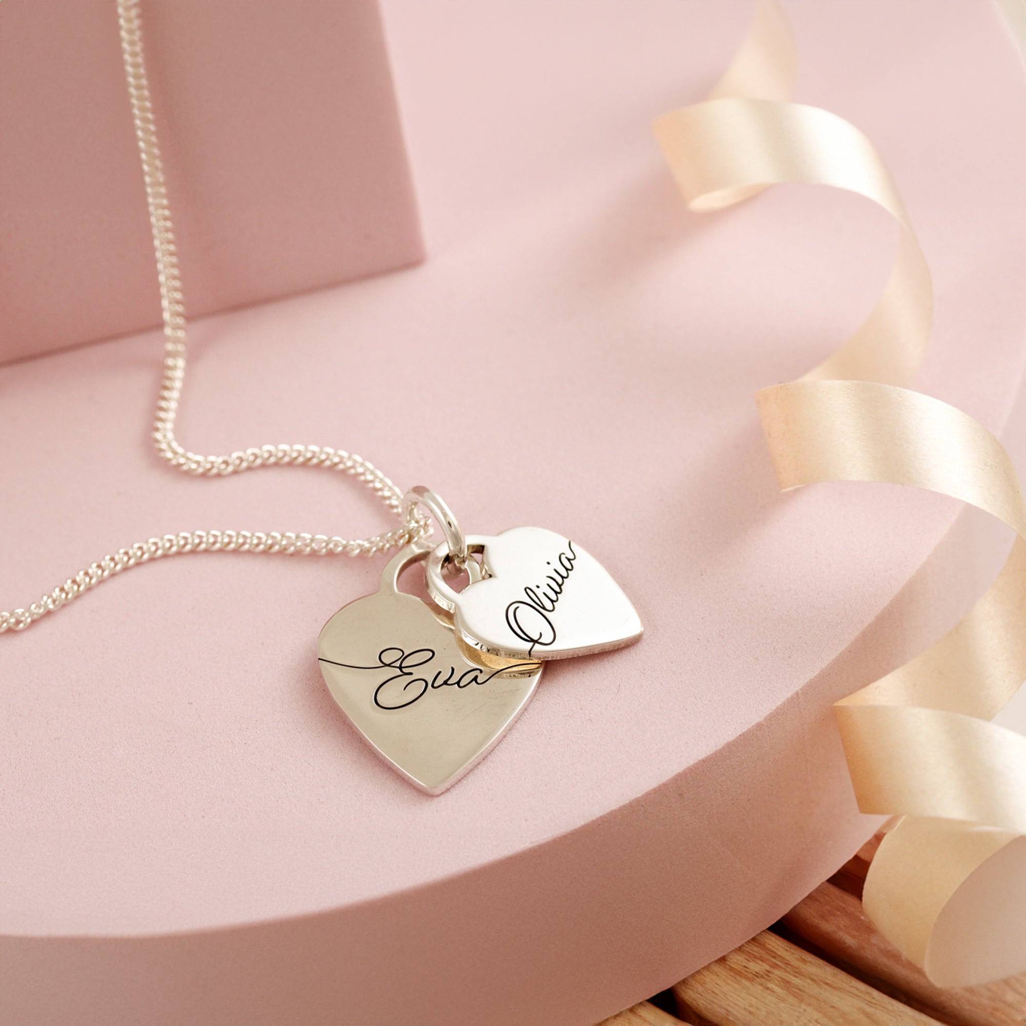 duo XL heart tag silver necklace with script personalised names engraved