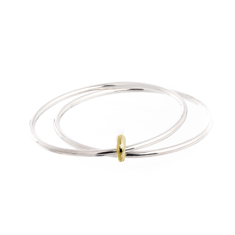 silver double bangle with recycled gold loop