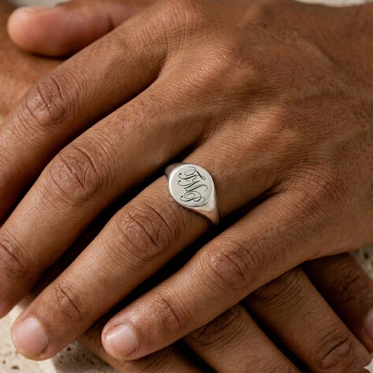 Script Initials Round Silver Signet Ring  - 3 Initials