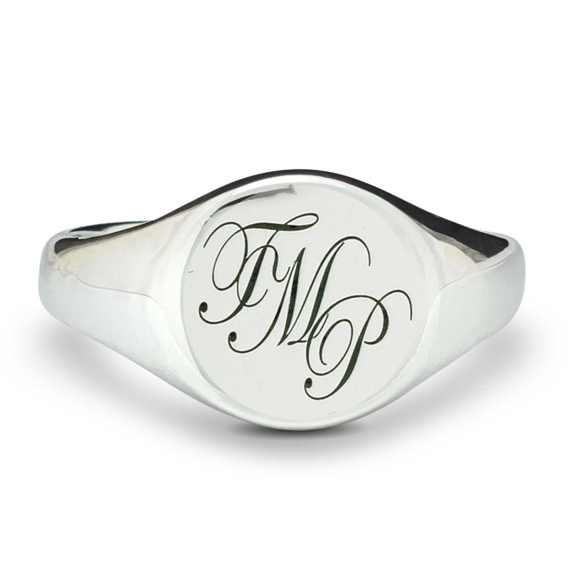 Script Initials Round Silver Signet Ring  - 3 Initials