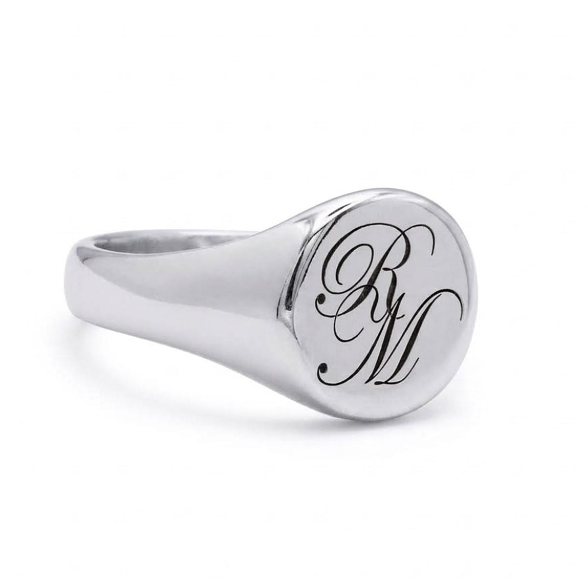 Script Initials Round Silver Signet Ring