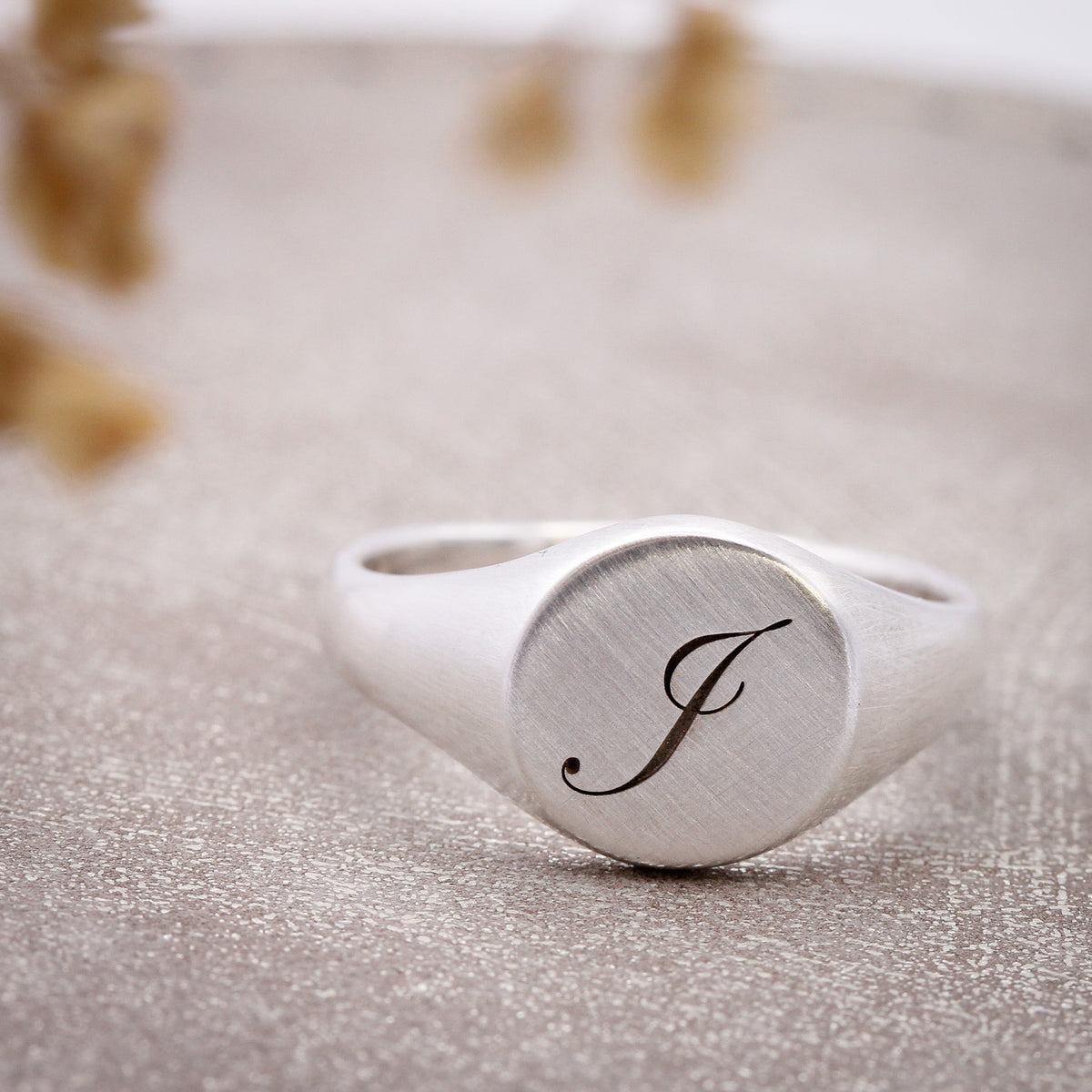 solid silver matte finish signet ring with initial J engraved