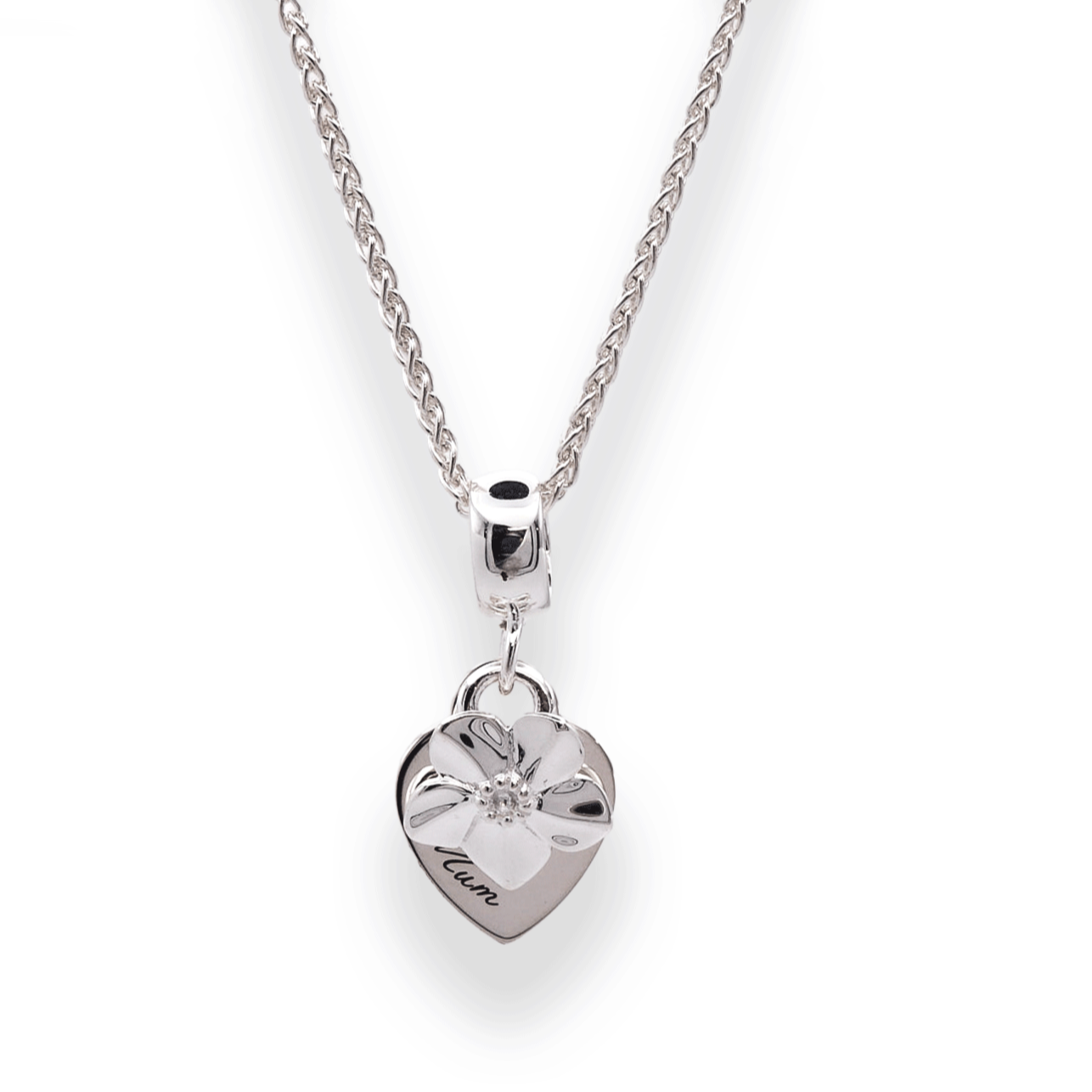 Silver heart-shaped flower pendant necklace on a white background
