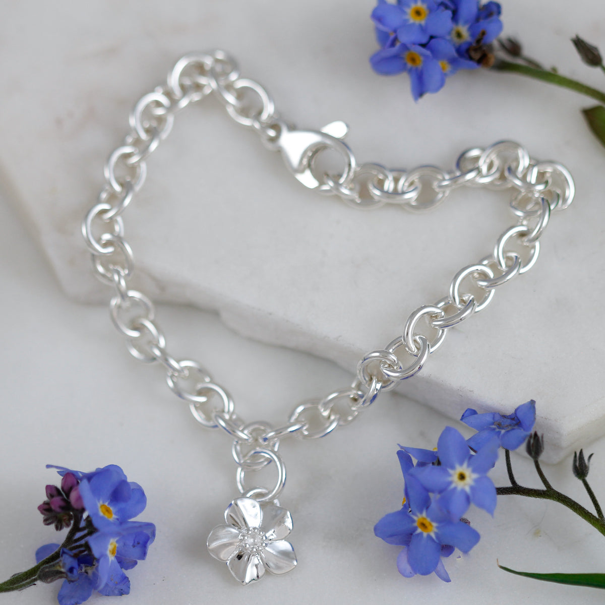 silver forget me not flower charm bracelet