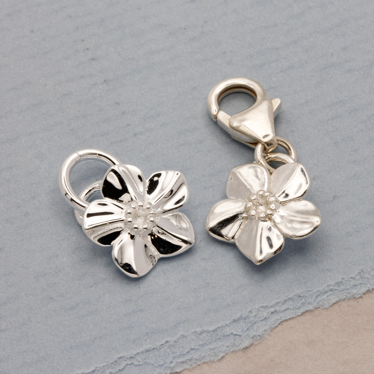 silver forget me not charms with clip clasp and jump ring