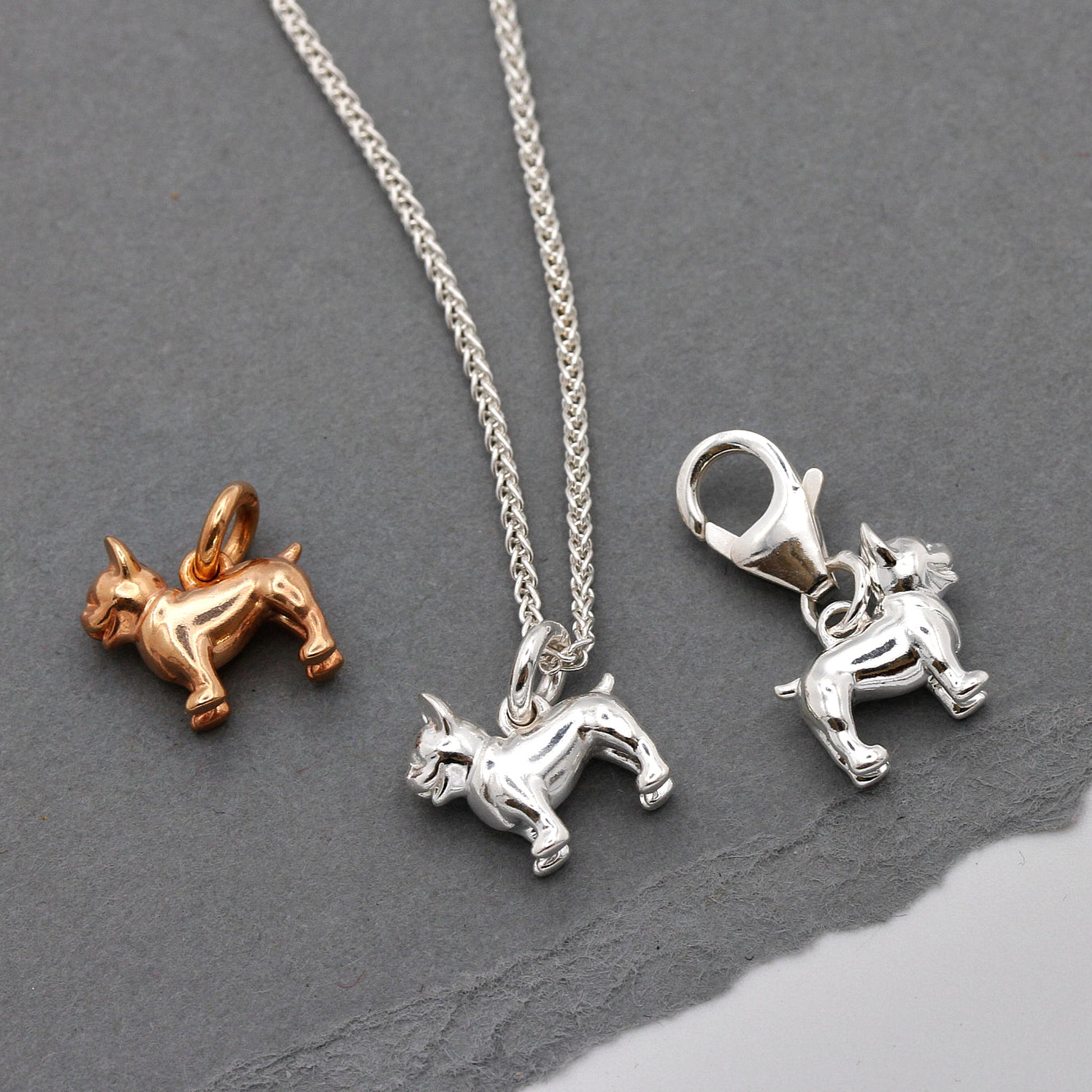 french bulldog silver and rose gold plated charms with clip clasp and necklace chain
