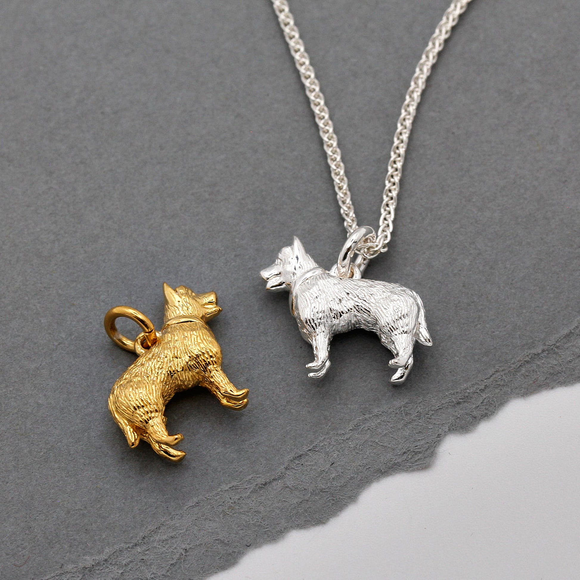 silver and gold plated german shepherd charms with jump ring and necklace chain