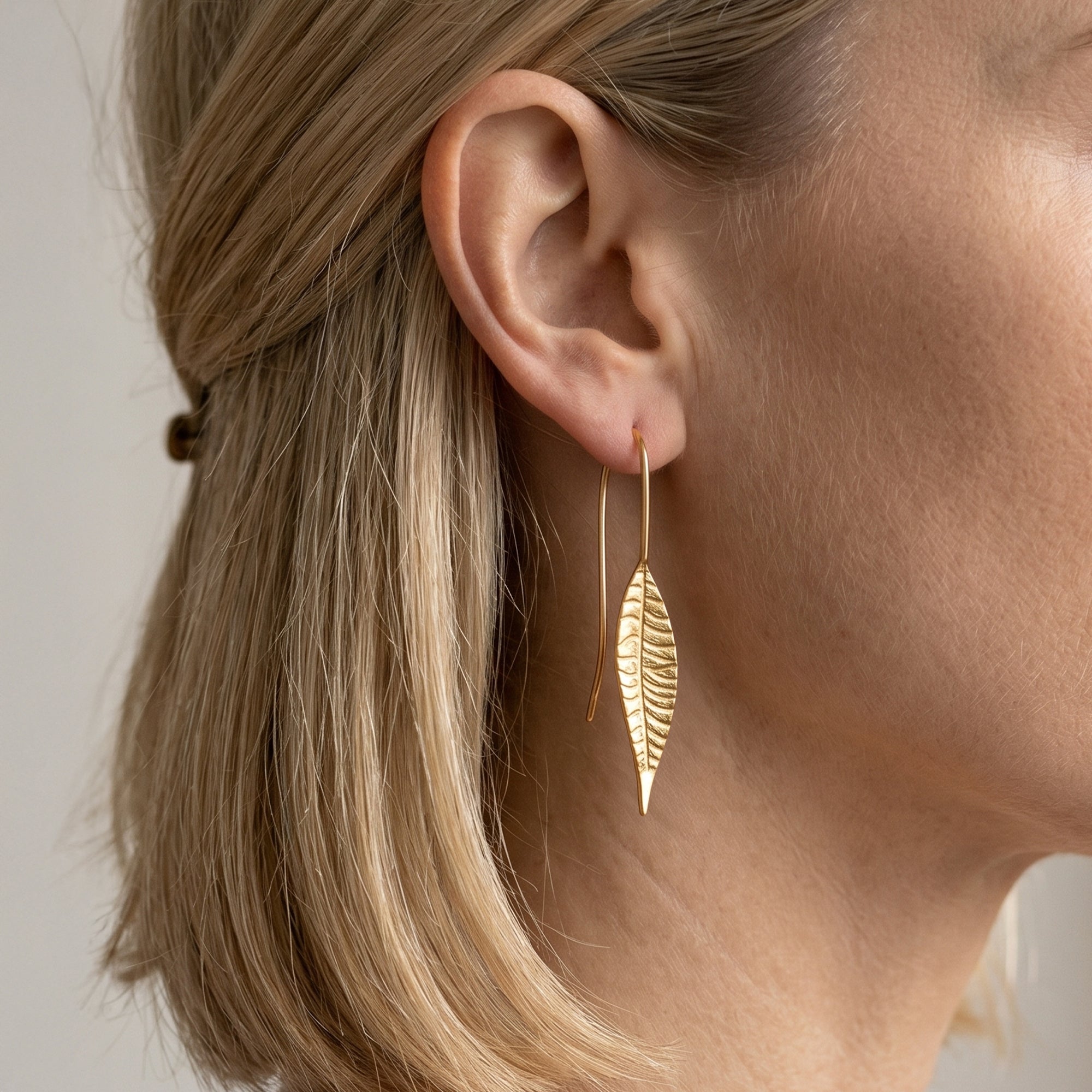 Long leaf gold plated silver drop earrings
