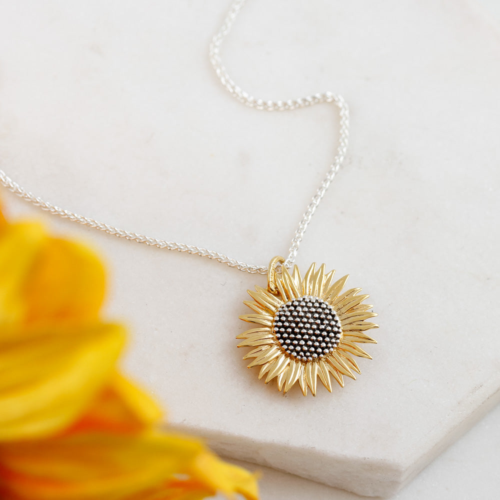 gold vermeil and silver sunflower necklace