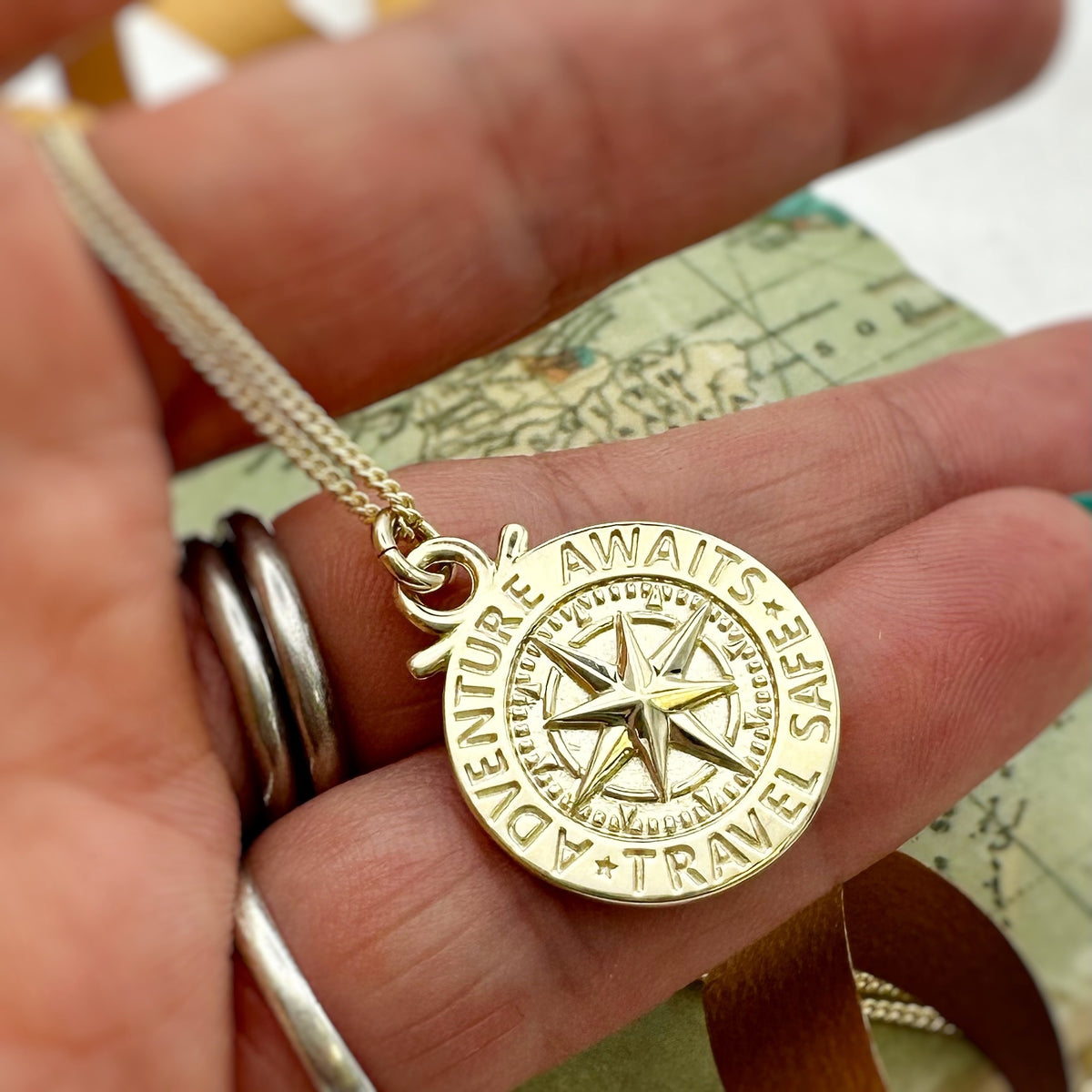 solid gold compass necklace travel safe adventure awaits