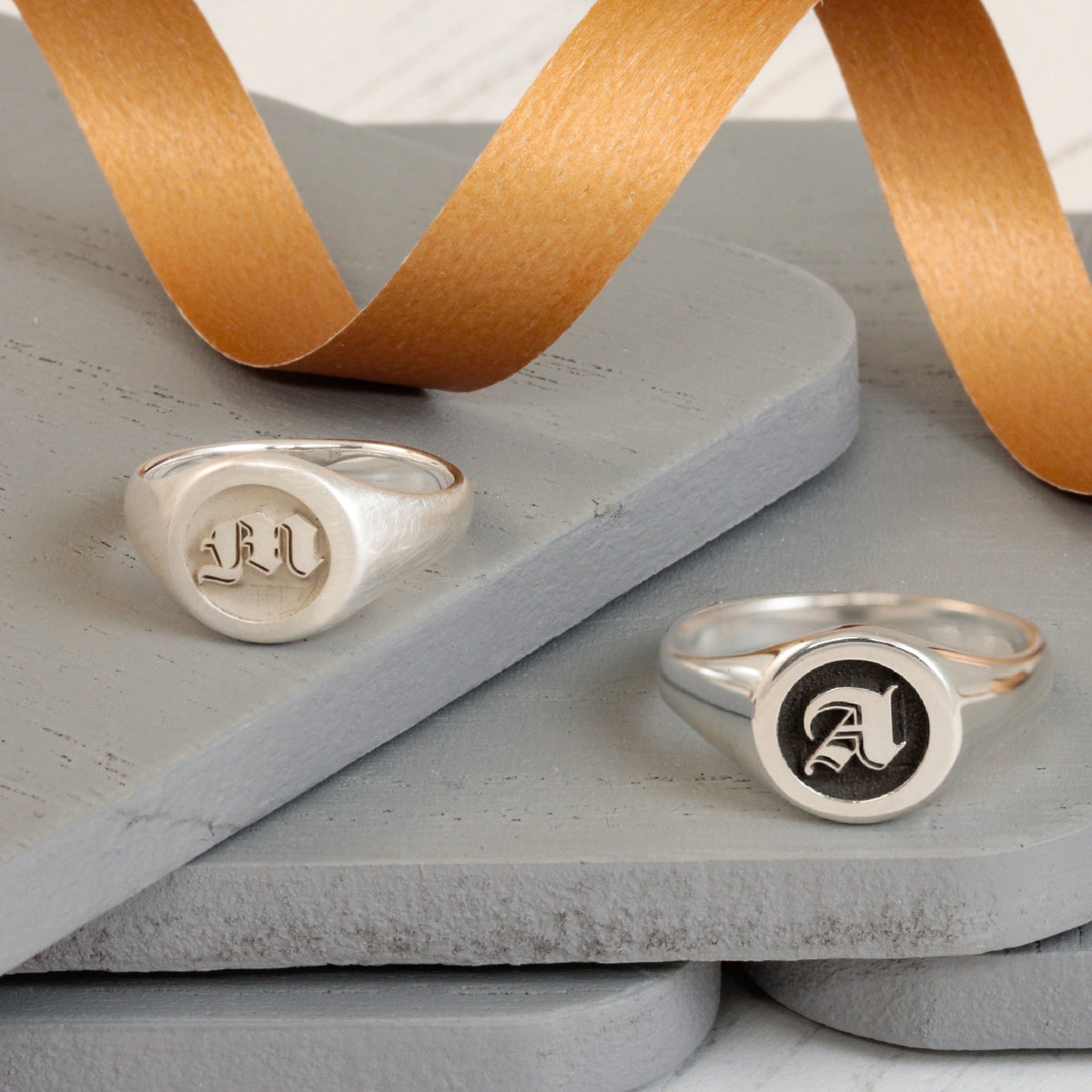 Gothic Initial Round Silver Signet Ring