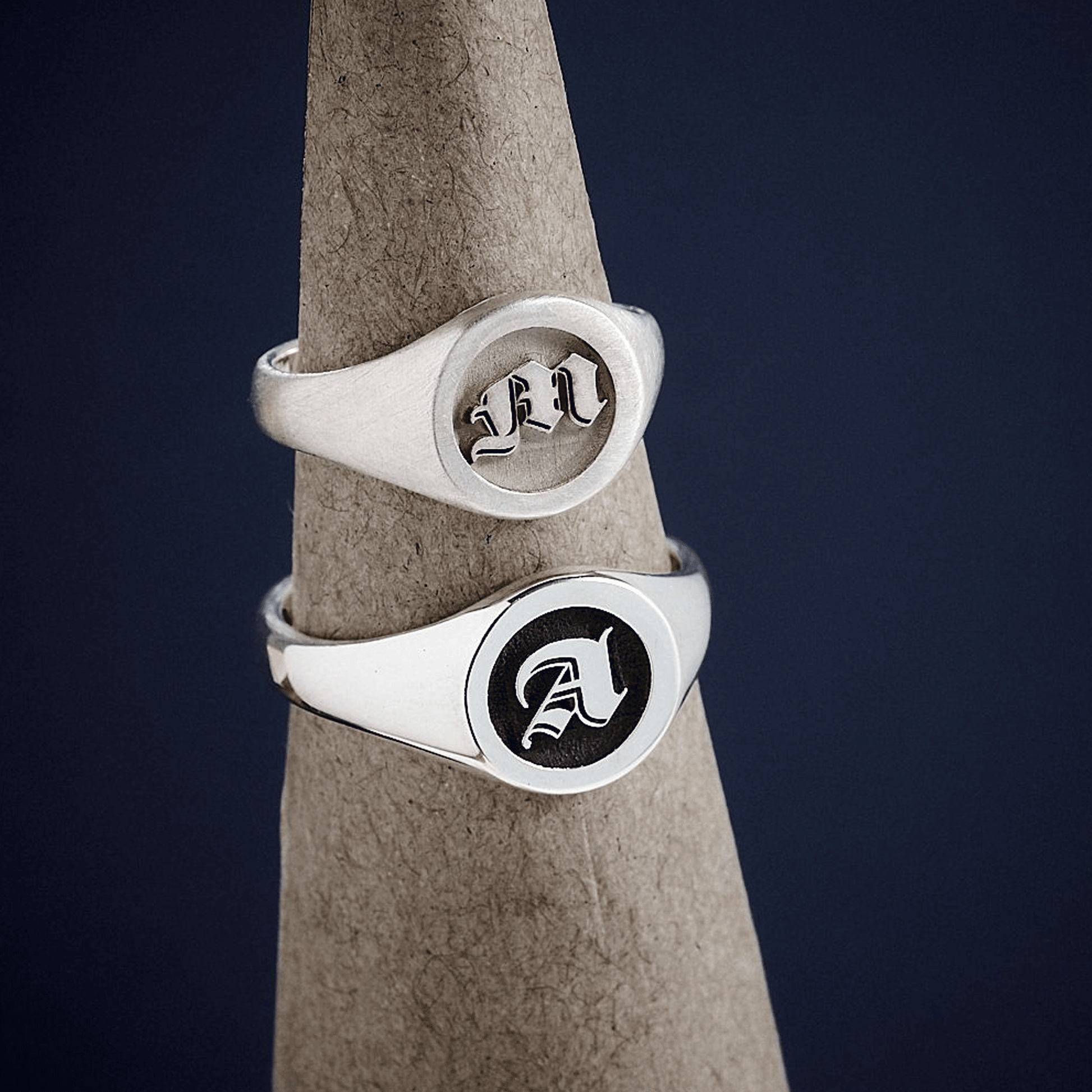 silver custom engraved gothic style initial signet rings in matte and oxidised finish