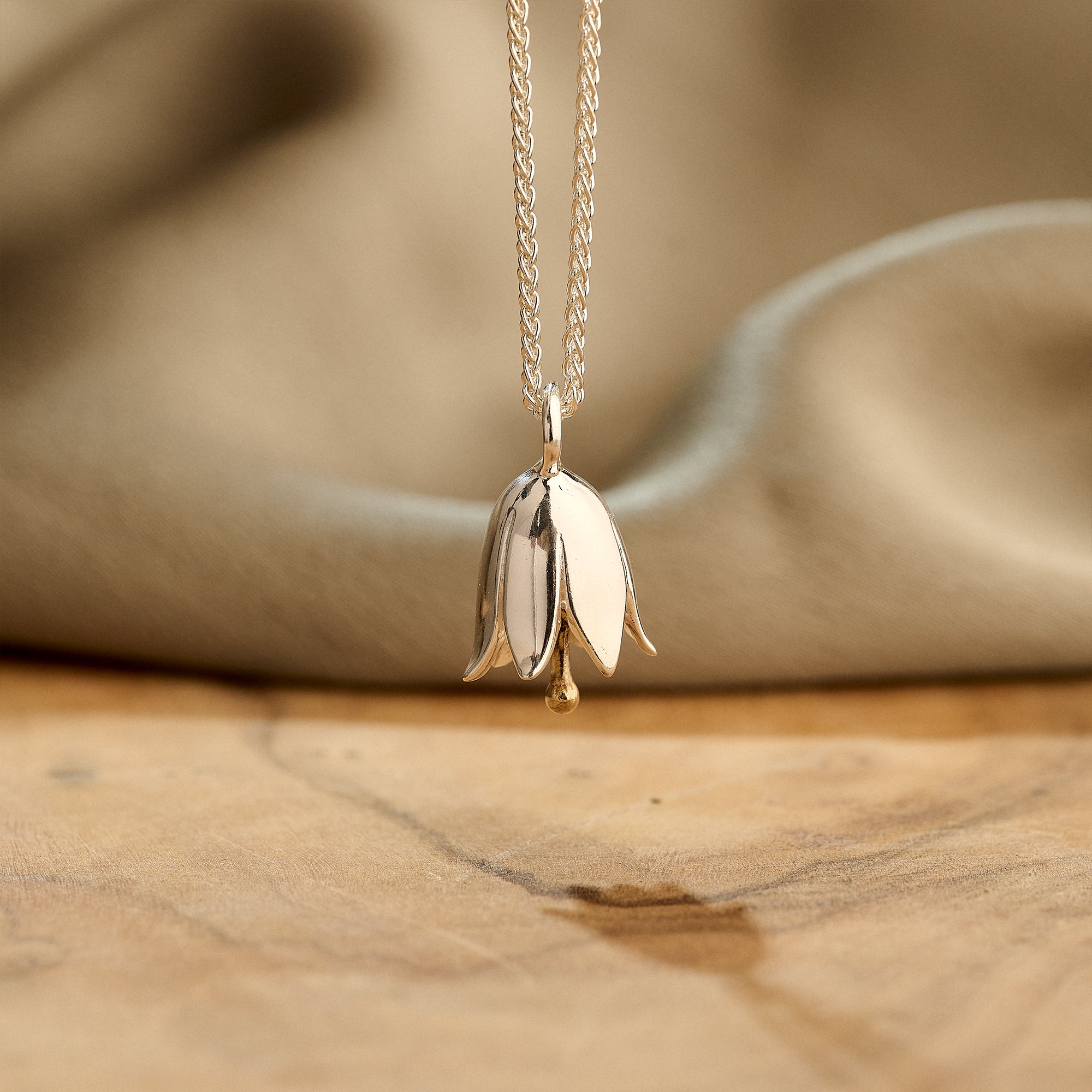 silver & solid gold harebell bluebell flower necklace