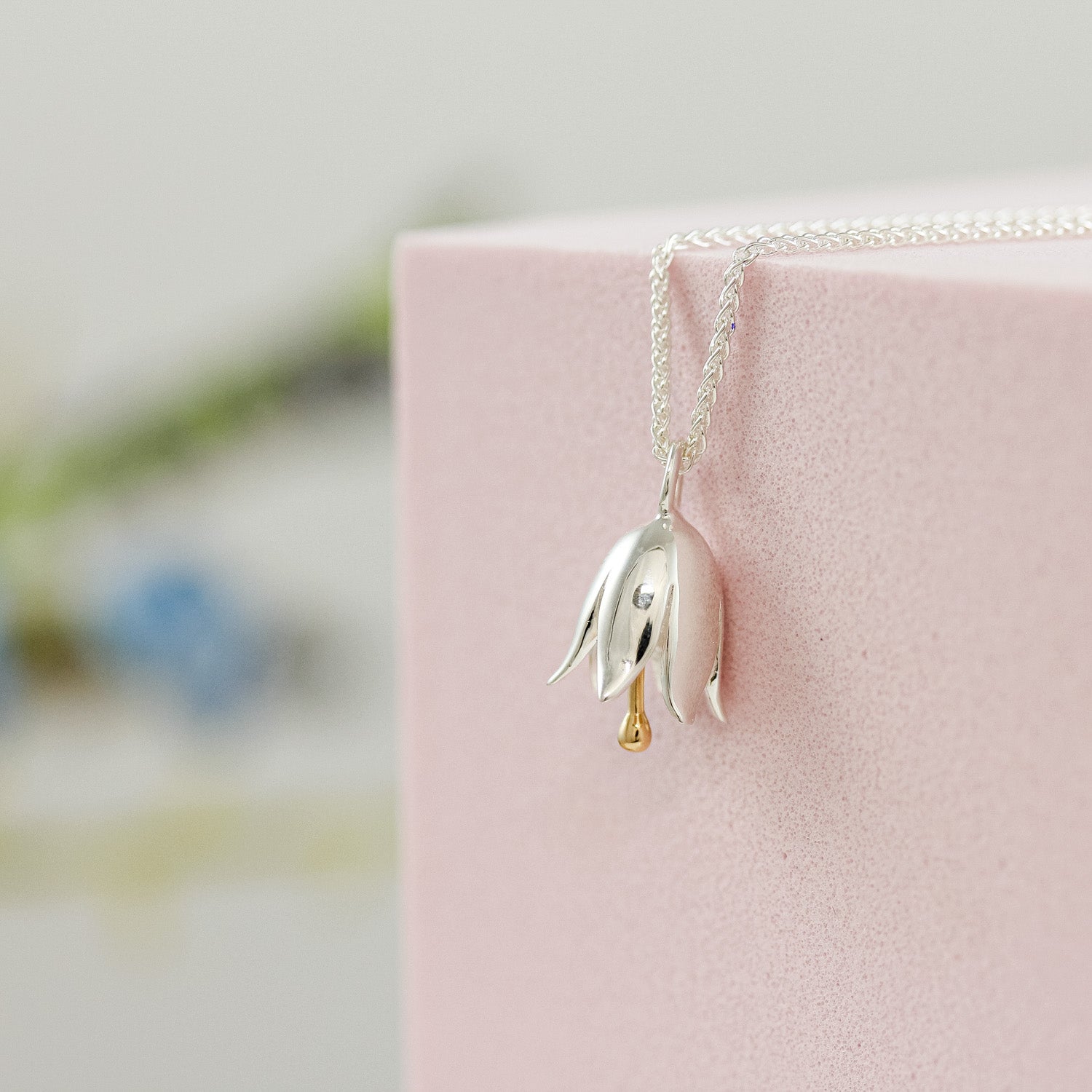 harebell silver and solid 18ct gold wild bluebell necklace 