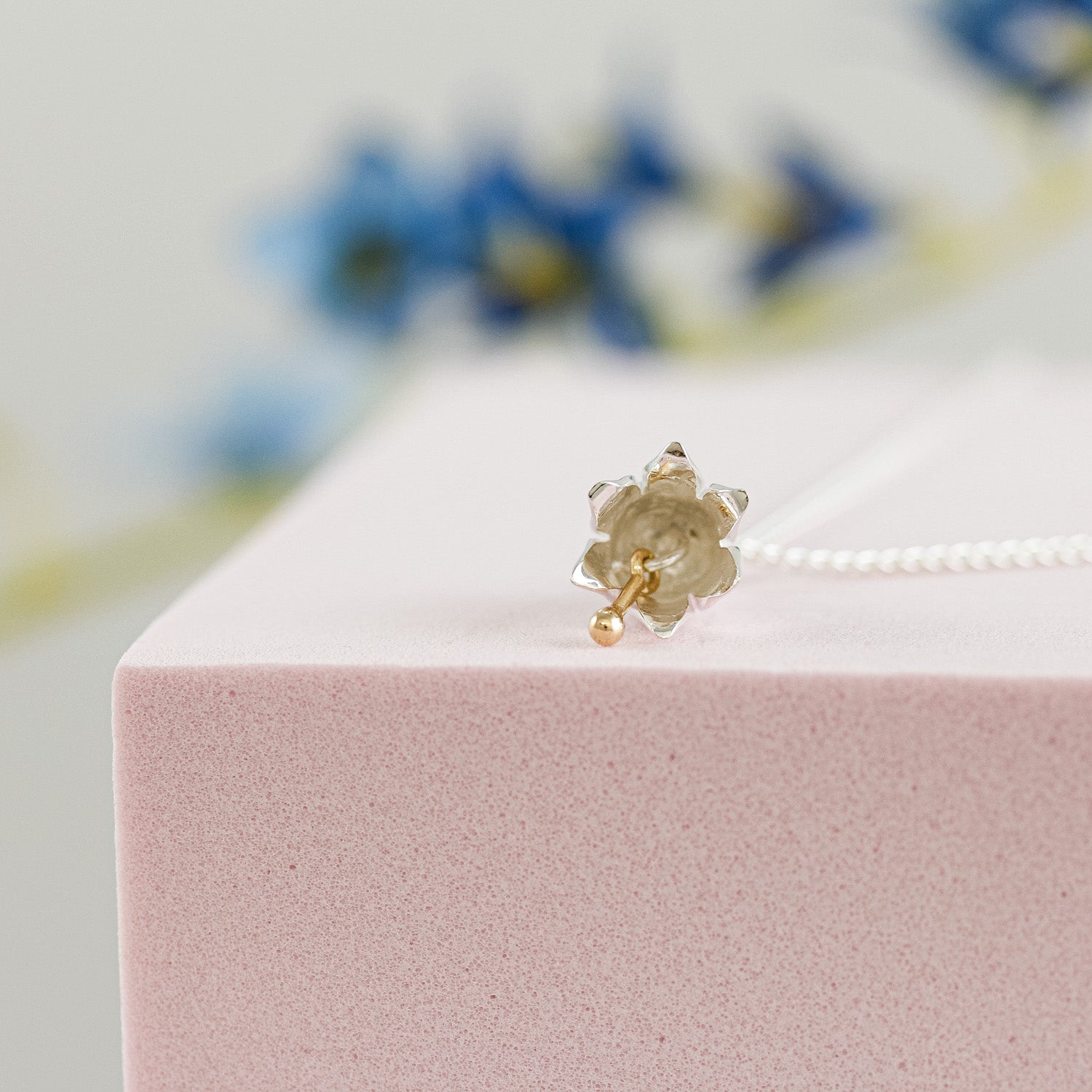 harebell silver and solid 18ct gold wild bluebell necklace detail of stamen